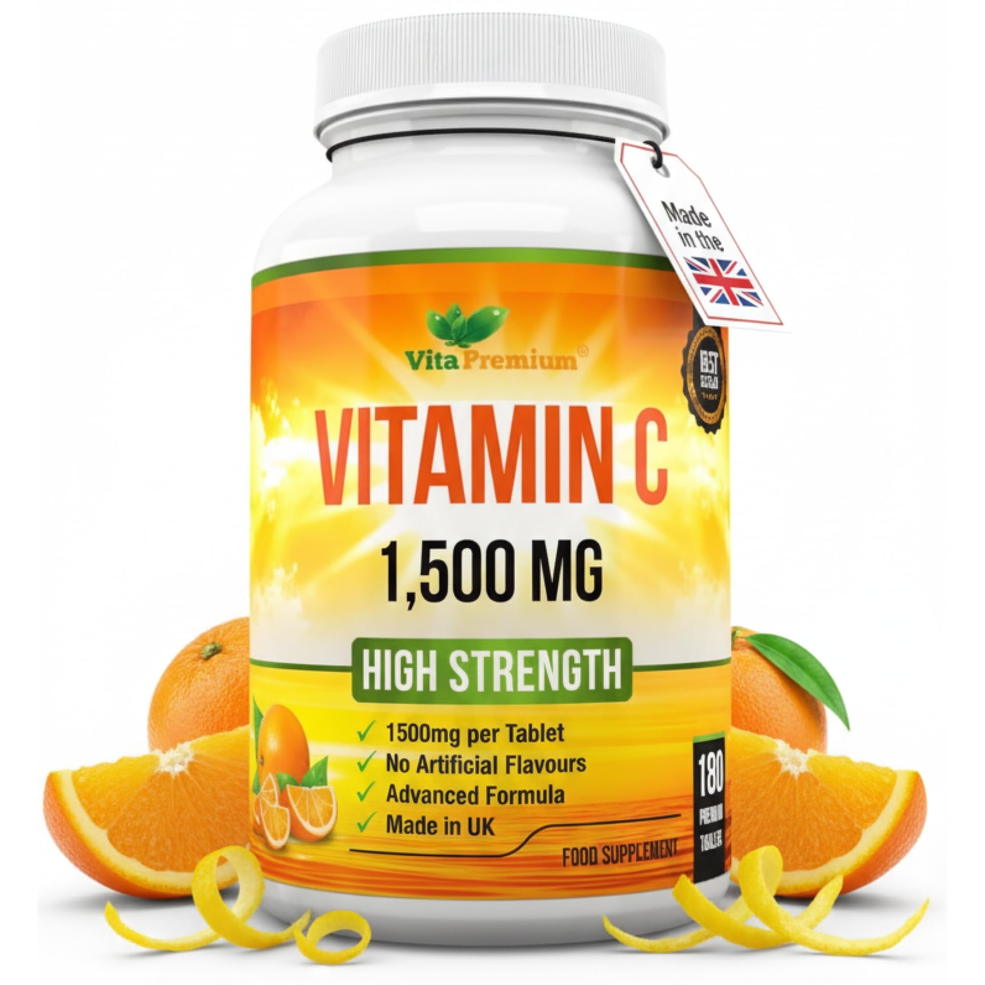Vita PremiumVitamin C 1500mg per Tablet, High Strength 180 Vegan Tablets, Food Supplement, 6 Month Supply - Made in UK