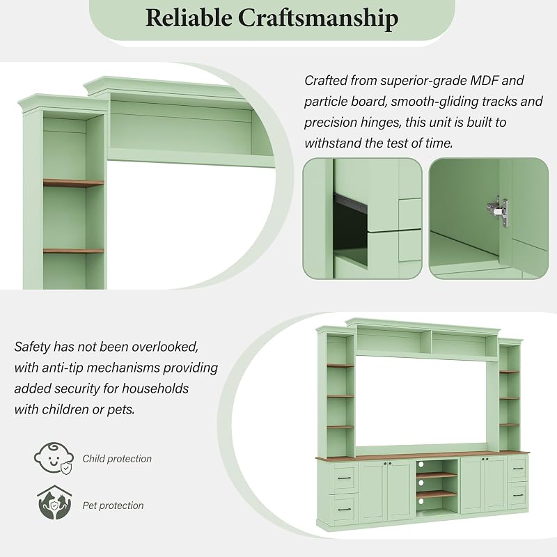 Merax 4-in-1 Wall Unit Entertainment Center with Bookshelf for TVs Up to 70", Retro Large TV Stand Media Console with Drawers, Walnut Adjustable Shelves for Living Room, Mint Green image 3