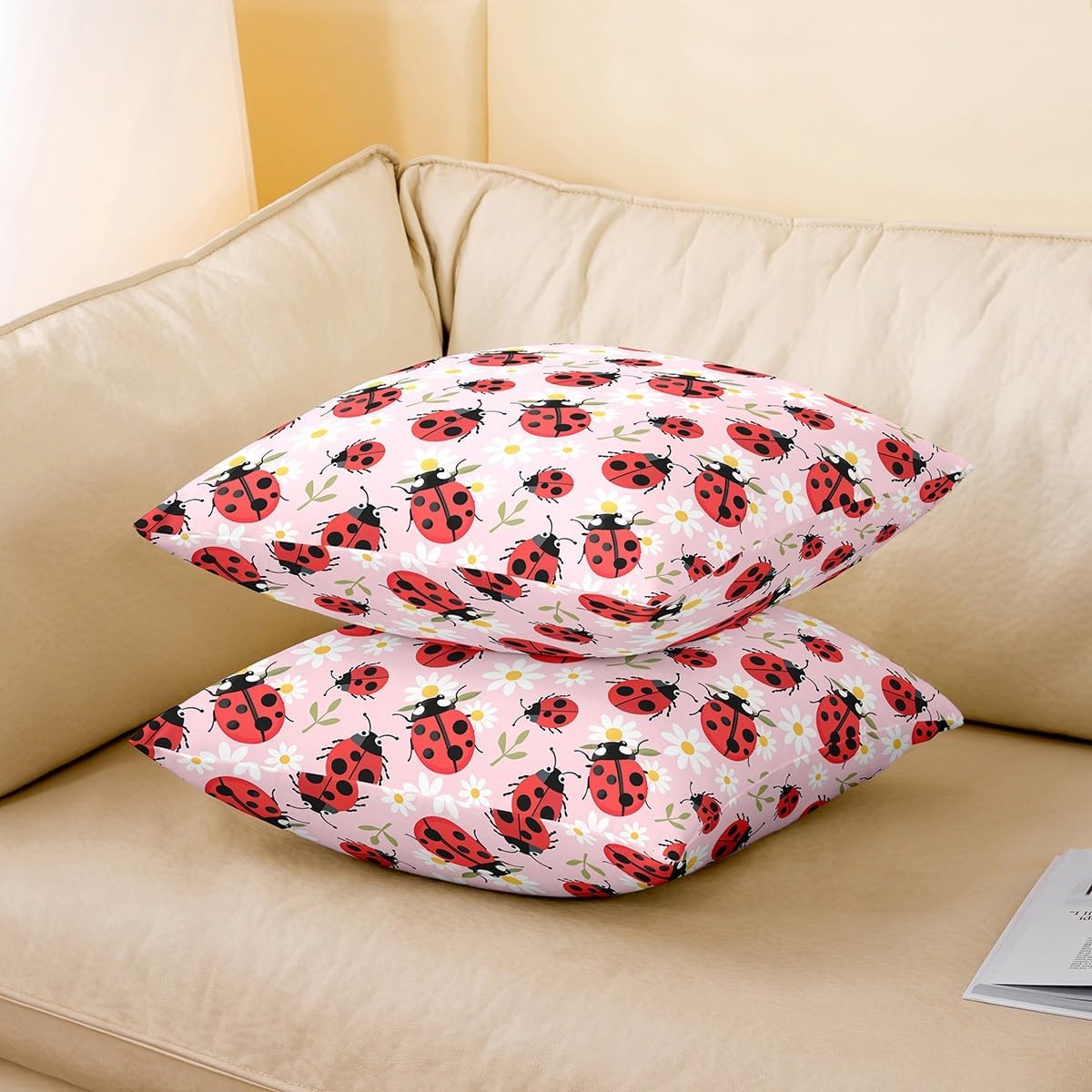 Cute Ladybug Throw Pillow Covers 24"x24" Cartoon Dasiy Flower Pillowcases Wild Animal Theme Reversible Print Cushion Cover Green Botanical Leaves Pillow Covers for Sofa,Set of 2