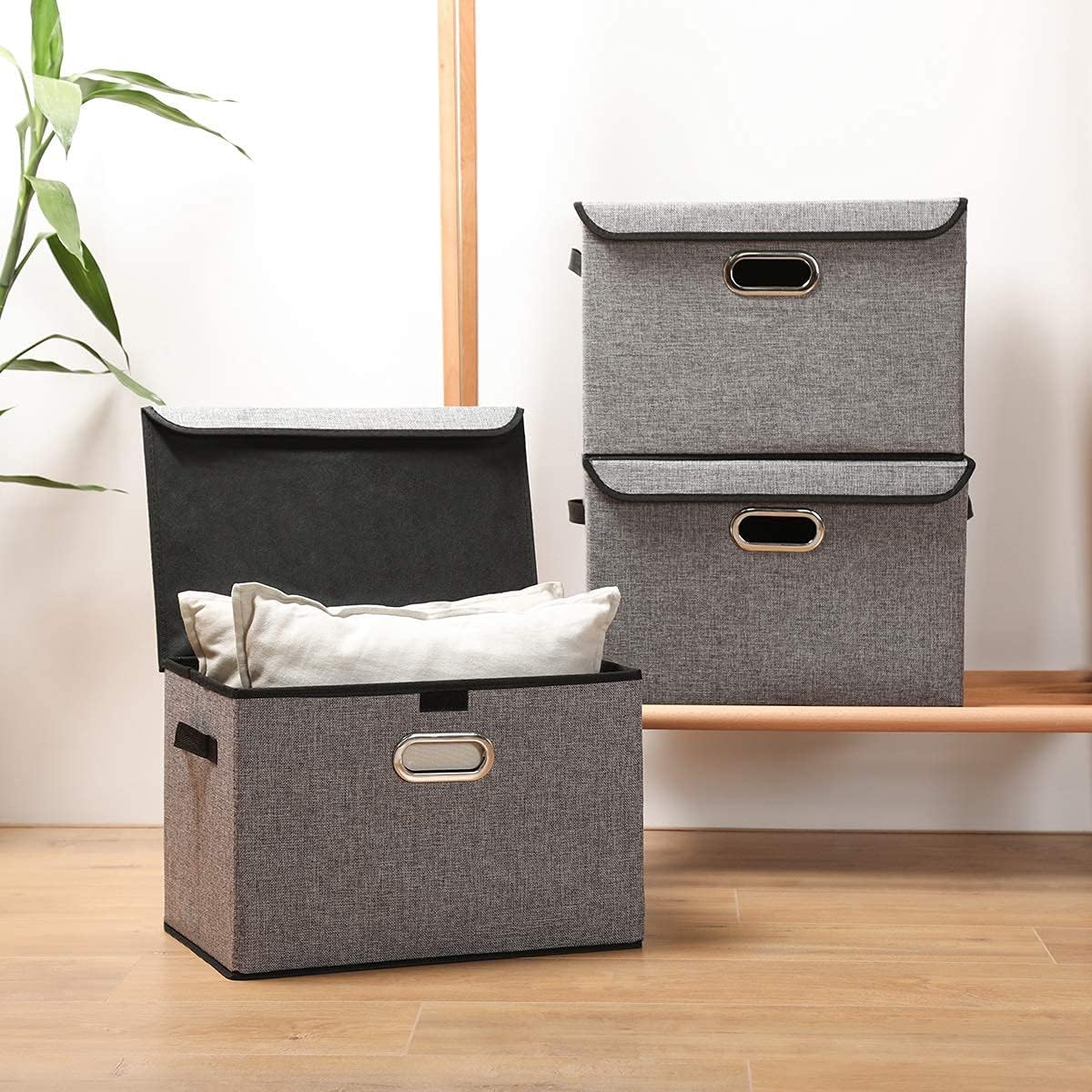 Large Foldable Storage Box Bin with Lids[2-Pack] Stackable Linen Fabric Storage Container Organizers with Handles for Home Bedroom Closet Nursery Office (Gray Color)