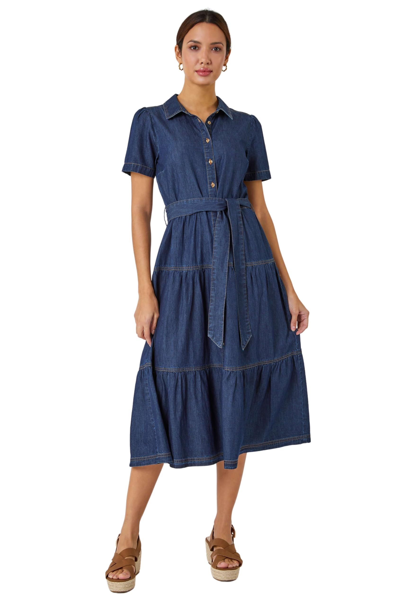 Roman Denim Tiered Cotton Midi Dress, Blue, Size 10, Women