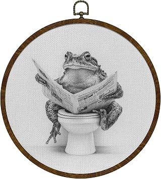 KLYTINK Funny Frog on Toilet Reading Round Wall Art, Humor Animal Bathroom Decor, Rustic Farmhouse Round Hanging Sign for Restroom or Powder Room, 10" Frame White-Frog