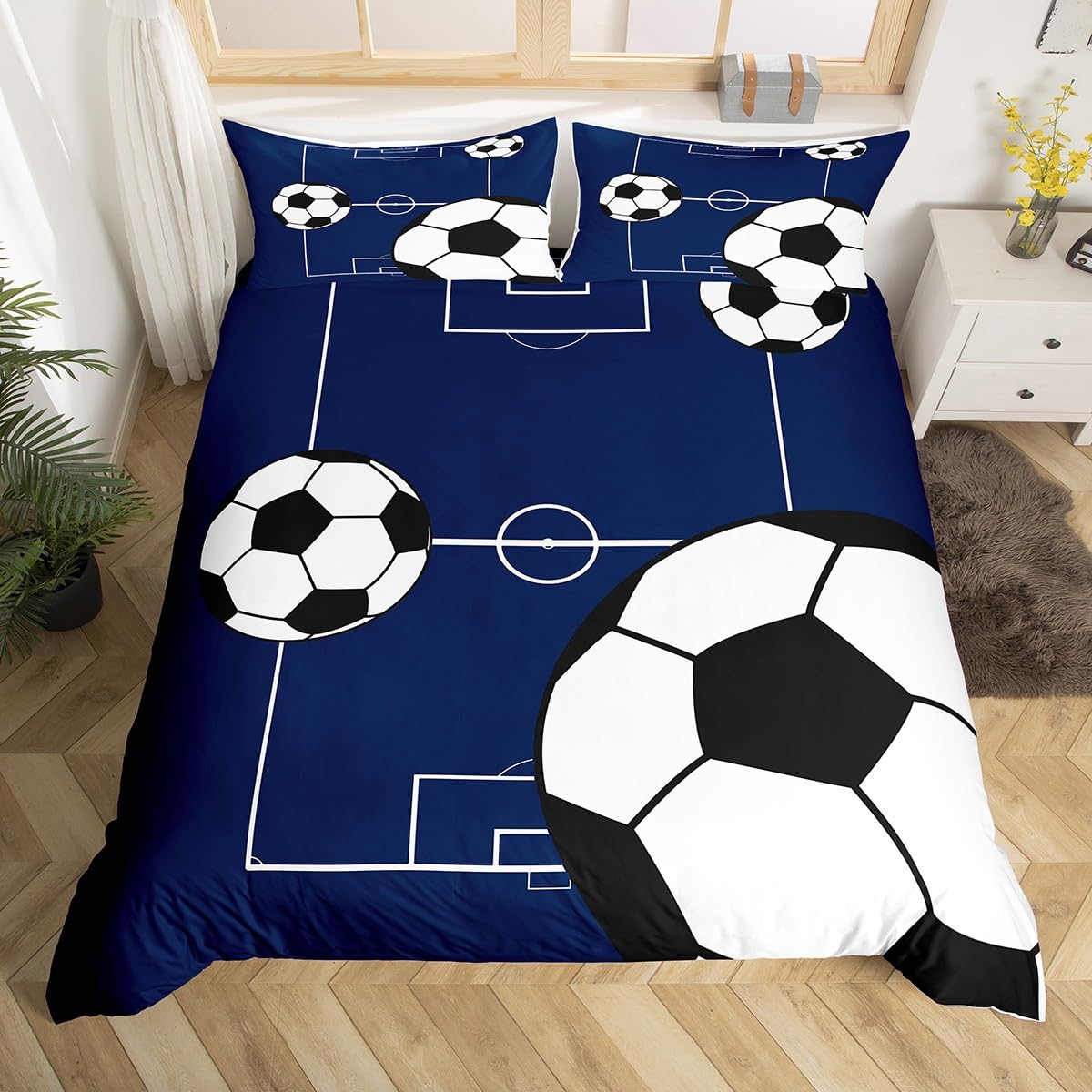 Homewish Navy Blue Football Super King Duvet Cover Set - Kids Boys Soccer Sports Themed Bedding with 2 Pillowcases - Football Court Print Quilt Cover for Teen Bedroom Decor Sports Game Bed Sets