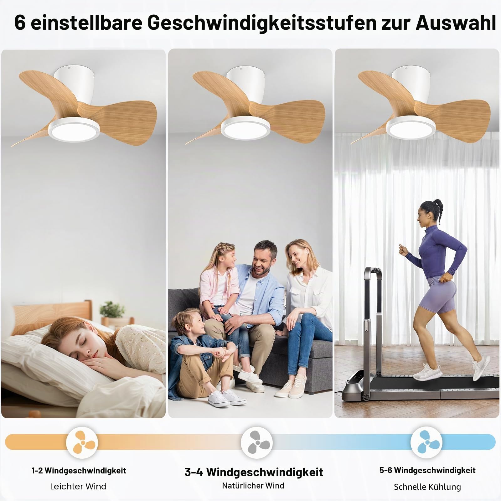Ateroll Deckenventilator mit Beleuchtung, Ø61cm, 3CCT (3000K-4000K-5000K), 1500 lm Deckenventilator mit Fernbedienung, 6 Geschwindigkeiten, Timer für Wohnzimmer, Schlafzimmer (Helles Holz Maserung)