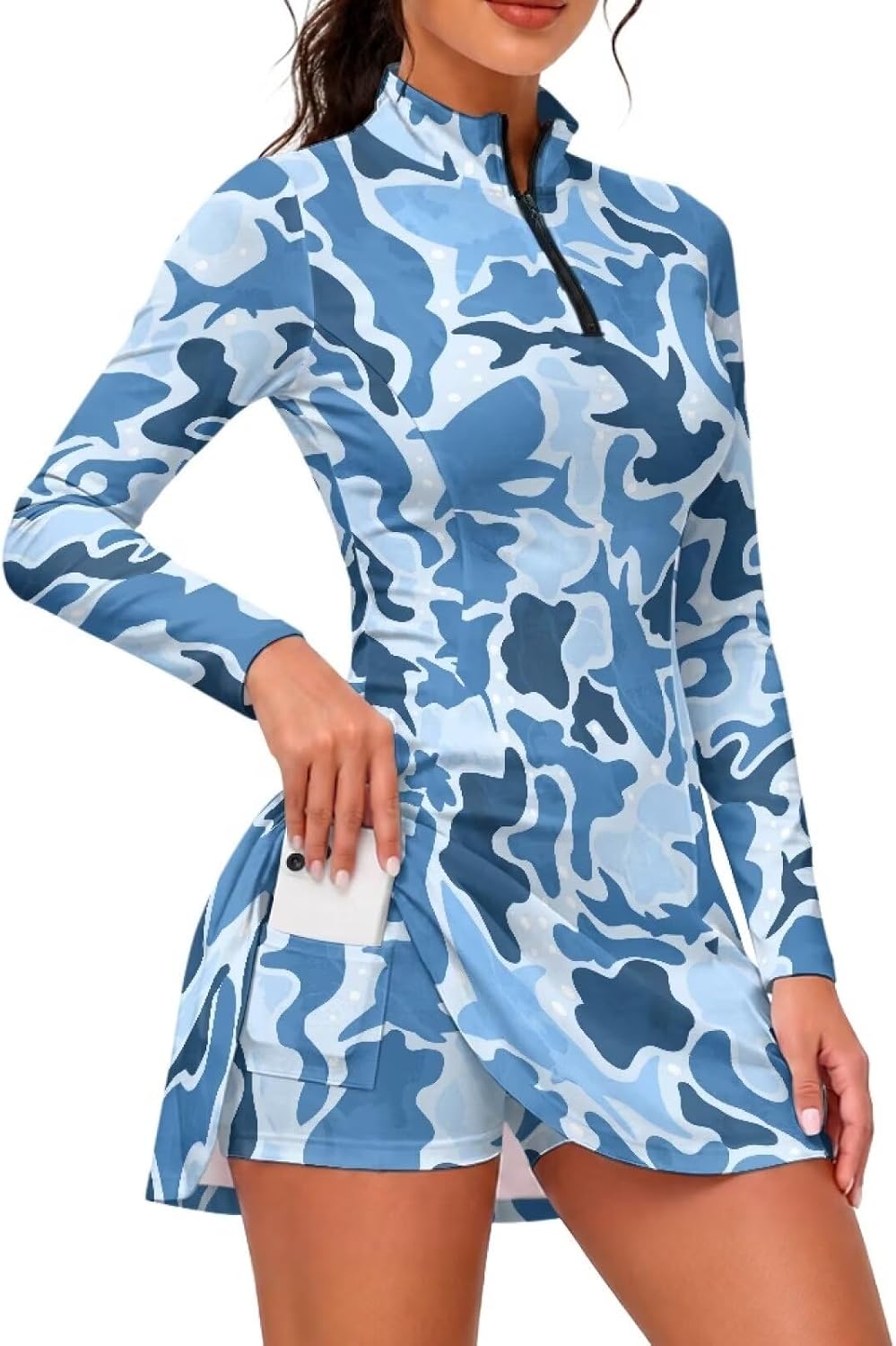 Xoenoiee Golf Dresses for Women Long Sleeve 1/4 Zip Tennis Dress with Shorts and Pockets Workout Athletic Dress S-2XL