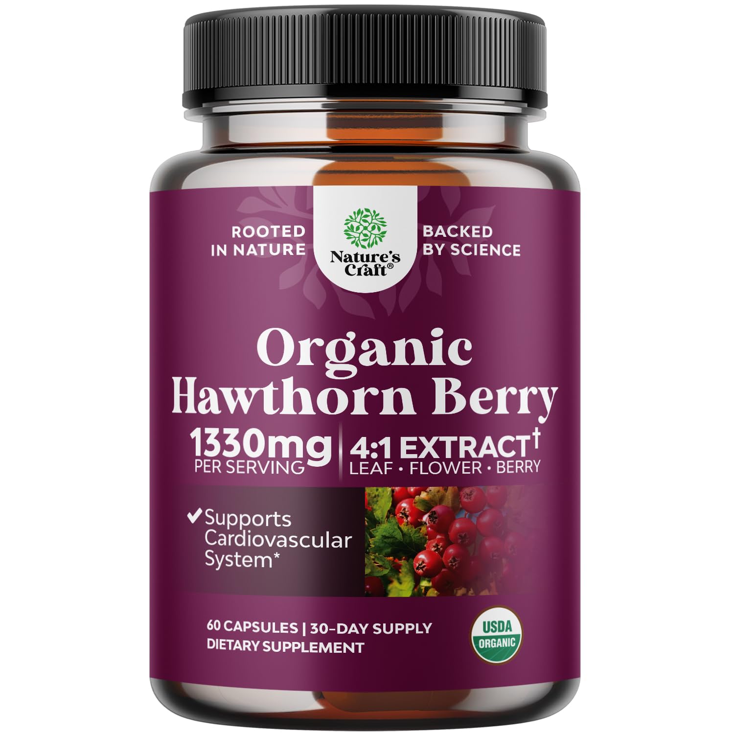 Natures Craft Certified Organic Hawthorn Berry Capsules - 3 in 1 Leaf, Flower & Berry Blend - Traditional Herb for Healthy Heart Support - Hawthorn Extract - Vegan, Non-GMO & Gluten Free - 60 Count