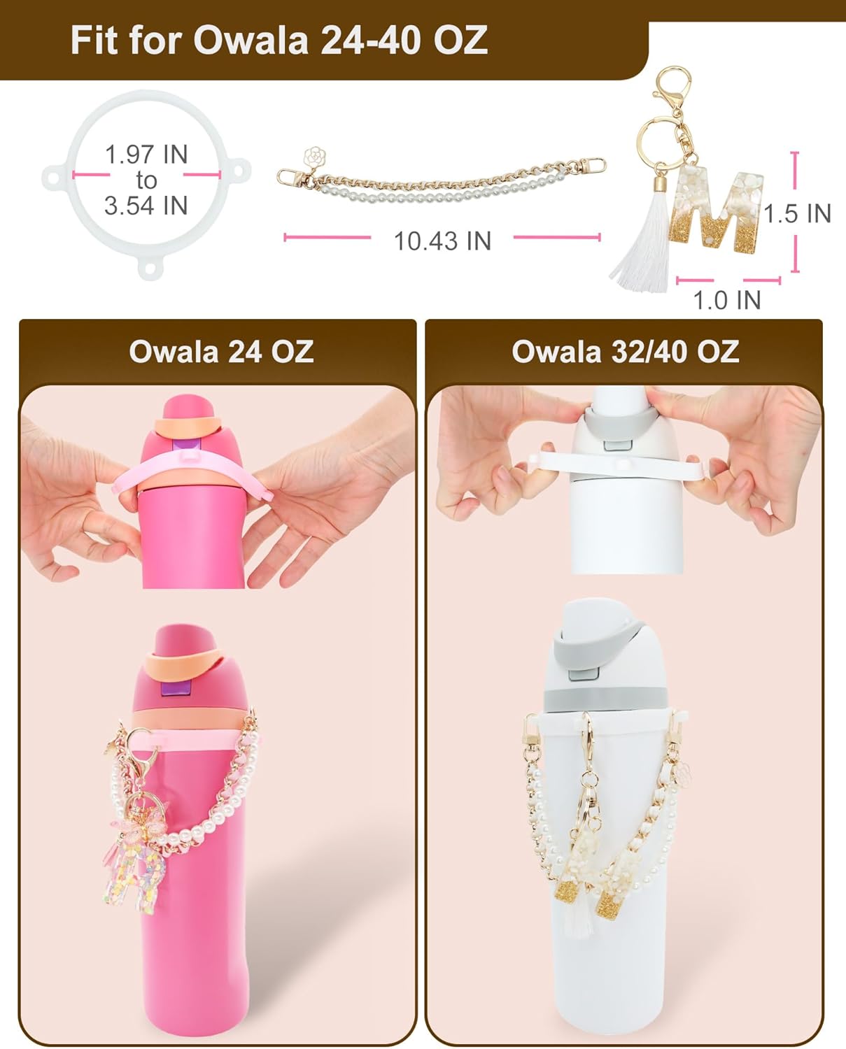 Letter Accessories for Owala Water Bottle 24-40oz, 3PC Cute Initial Keychain & Water Bottle Handle Strap with a Thick Elastic Silicone Ring Holder