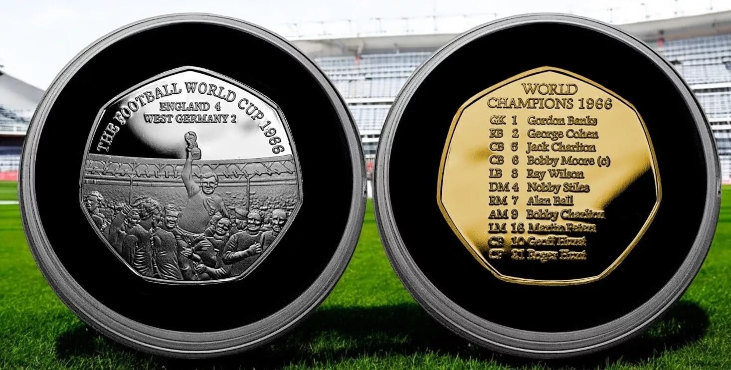 The Commemorative Coin Company Gold & Silver Pair Of England Football World Cup Champions 1966 Commemoratives In Capsules .999 Silver And 24Ct Gold. Bobby Moore
