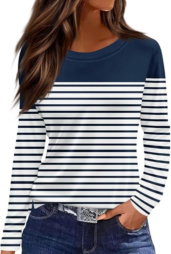 Long Sleeve Shirts for Women 2026 Spring Summer Crew Neck Ladies Tops Tunic Print Blouse