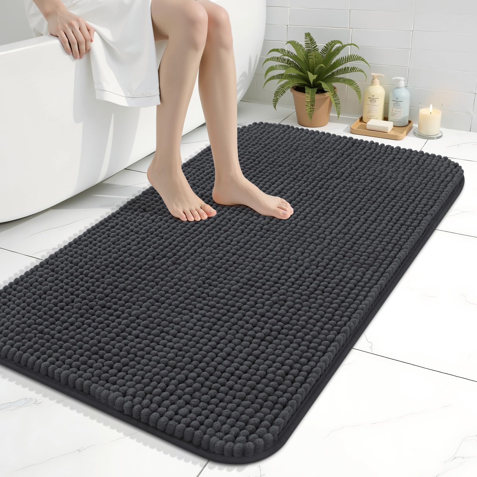 Homaxy Thick Soft Fluffy Bath Mat, Chenille Absorbent Bathroom Mat, Non Slip Bath Mats for Bathroom, Machine Washable Quick Drying Bath Rug, 60×90 cm, Dark Grey