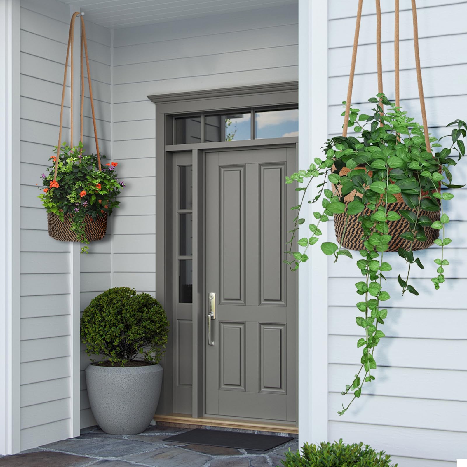 Paquete de 2 macetas colgantes de yute para plantas de ganchillo para interiores y exteriores, para decoración del hogar, macetas para hierbas, helechos, hiedra