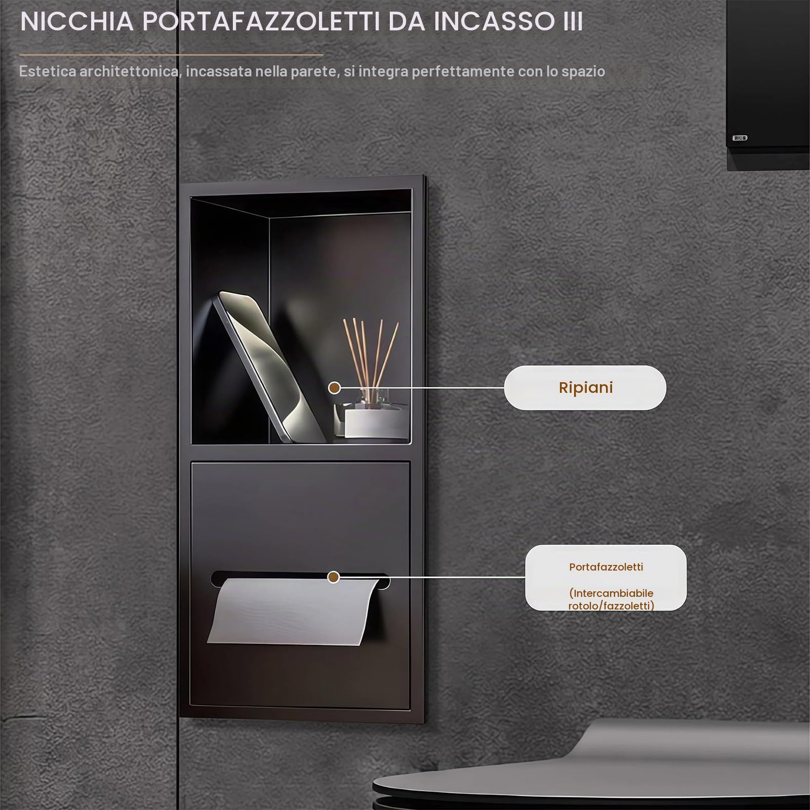 Inless Porte-brosse de toilette et distributeur de papier toilette intégré en acier pour salle de bain et hôtel Noir 16,5 x 60 x 12,5 cm