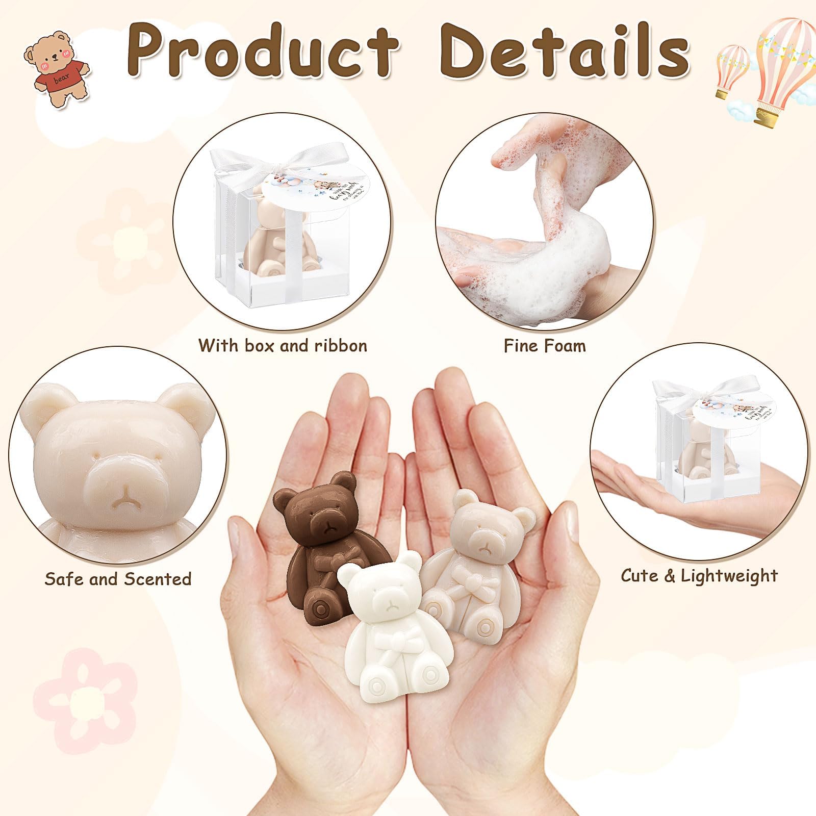 Lot de 36 Savons Ourson Cadeaux pour Baby Shower avec Étiquettes et Boîtes Cadeau, Savons Parfumés Miniature Invités, Cadeau Naissance Baptême Fille Garçon Déco Fête Mariage