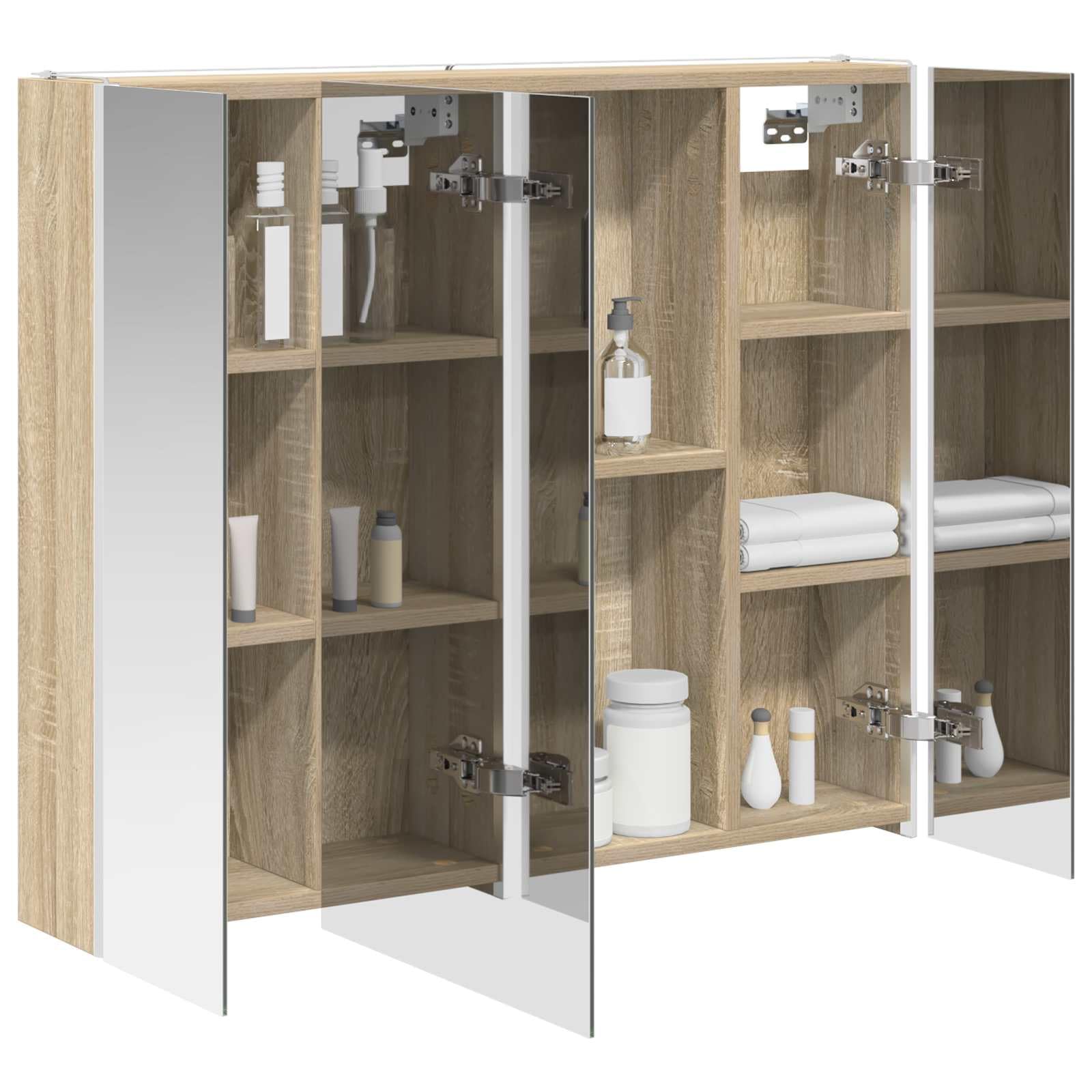 Armario de baño con espejo de roble Sonoma de madera de 83,5 x 15,5 x 70 cm con iluminación LED, estantes ajustables, montaje en pared y espejo a ambos lados para baño moderno e inodoro de