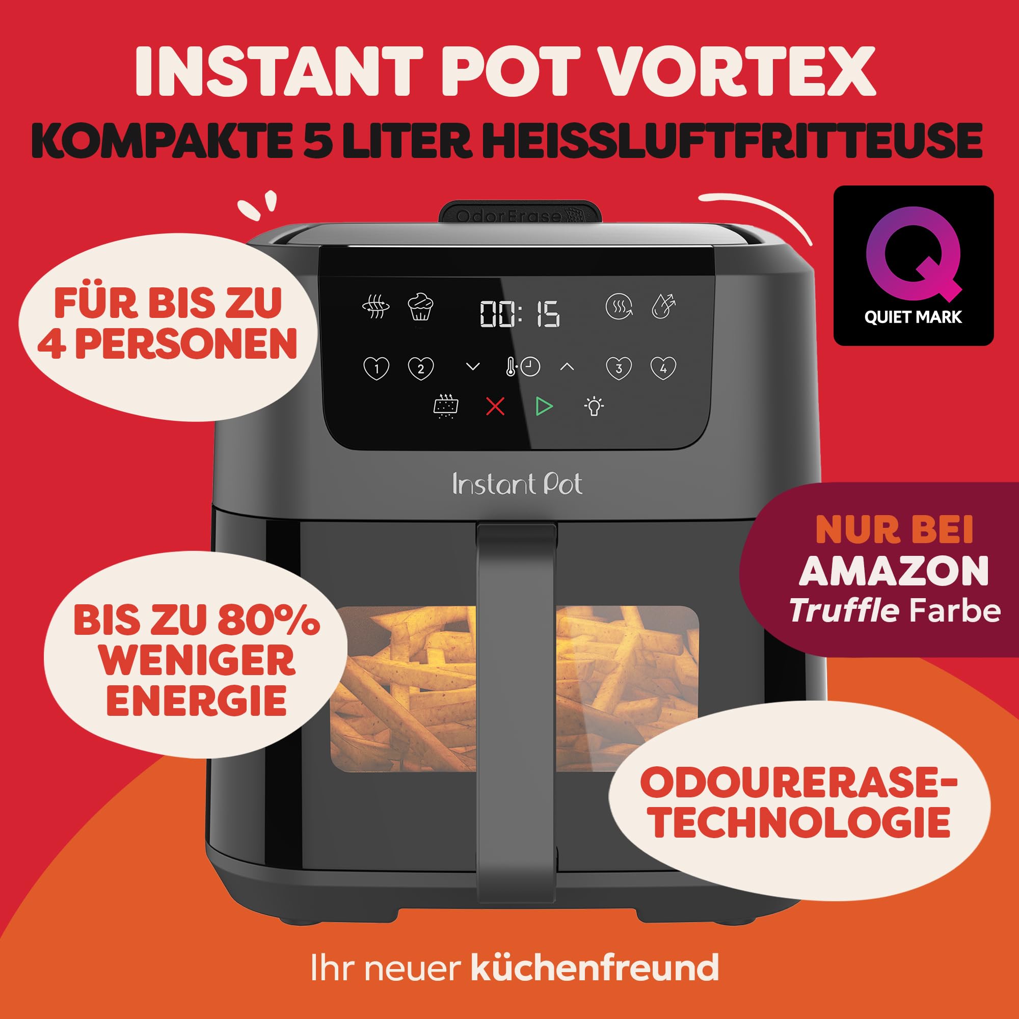 Instant Pot - Vortex Compact Truffle-Heißluftfritteuse - 5 l Korb, Familiengröße, 4 in 1 - Heißluftfrittieren, Dörren, Backen, Aufwärmen, Antihaftbeschichtung, Leicht zu reinigen, Spülmaschinenfest