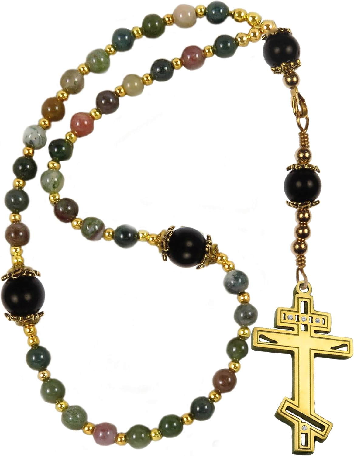 Handmade Orthodox Rosary Fancy Jasper Gold Tone Stainless Steel Cross