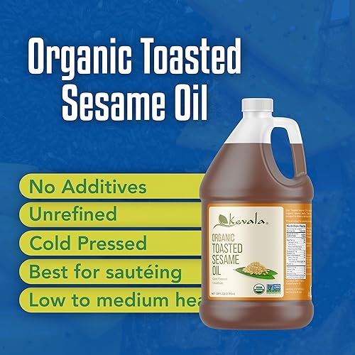Miniatura 3 de Kevala Aceite de sésamo tostado orgánico – Aceite con punto de humo medio adecuado para asar y freír, esencial para despensa de cocina, ideal para