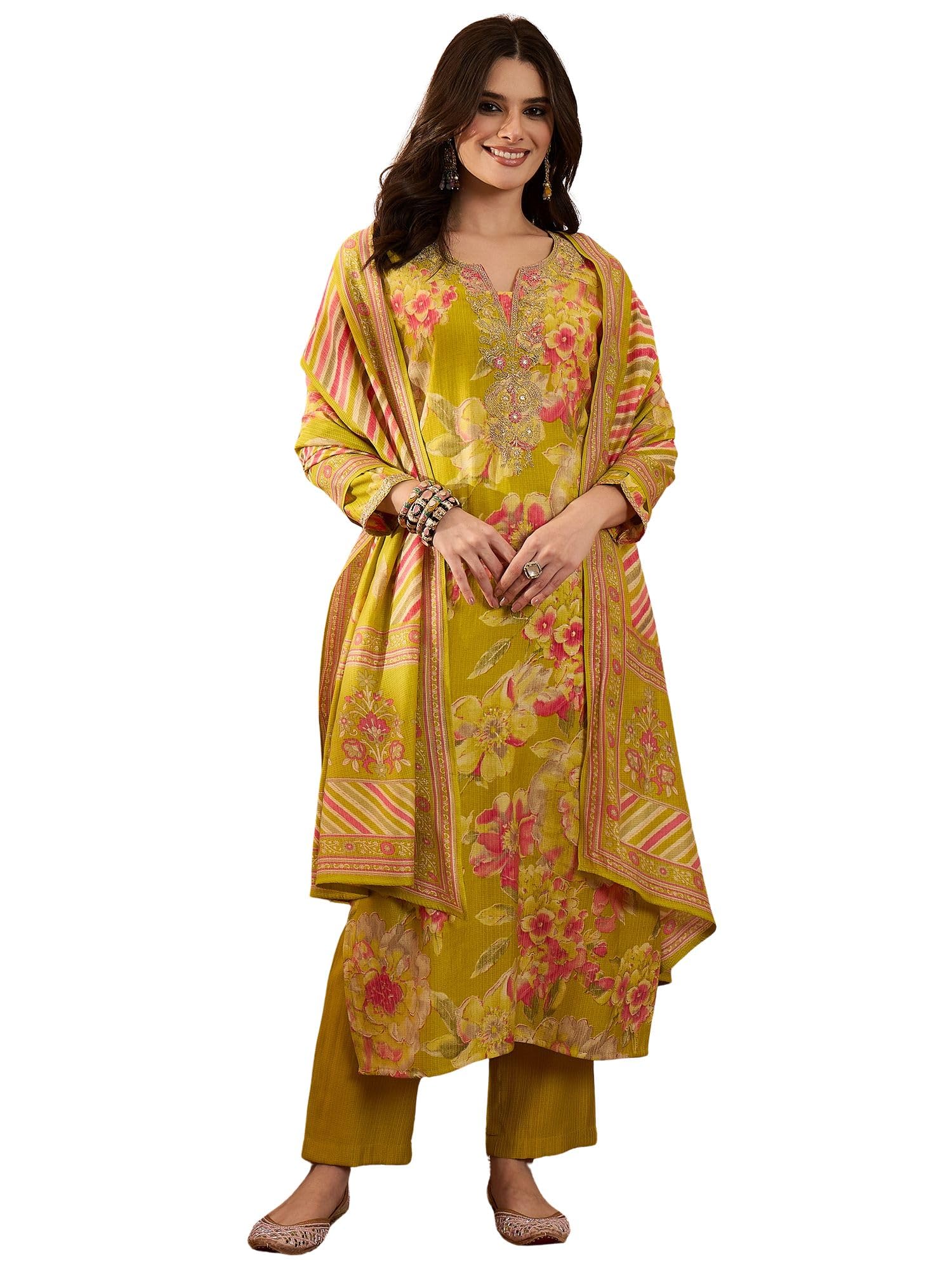 vaamsi Women's Yellow Polyester Printed Straight Floral Kurta Trousers With Dupatta Set | Fusion Straight Kurta Set For Women | Floral Salwar Suit For Women-picture-11