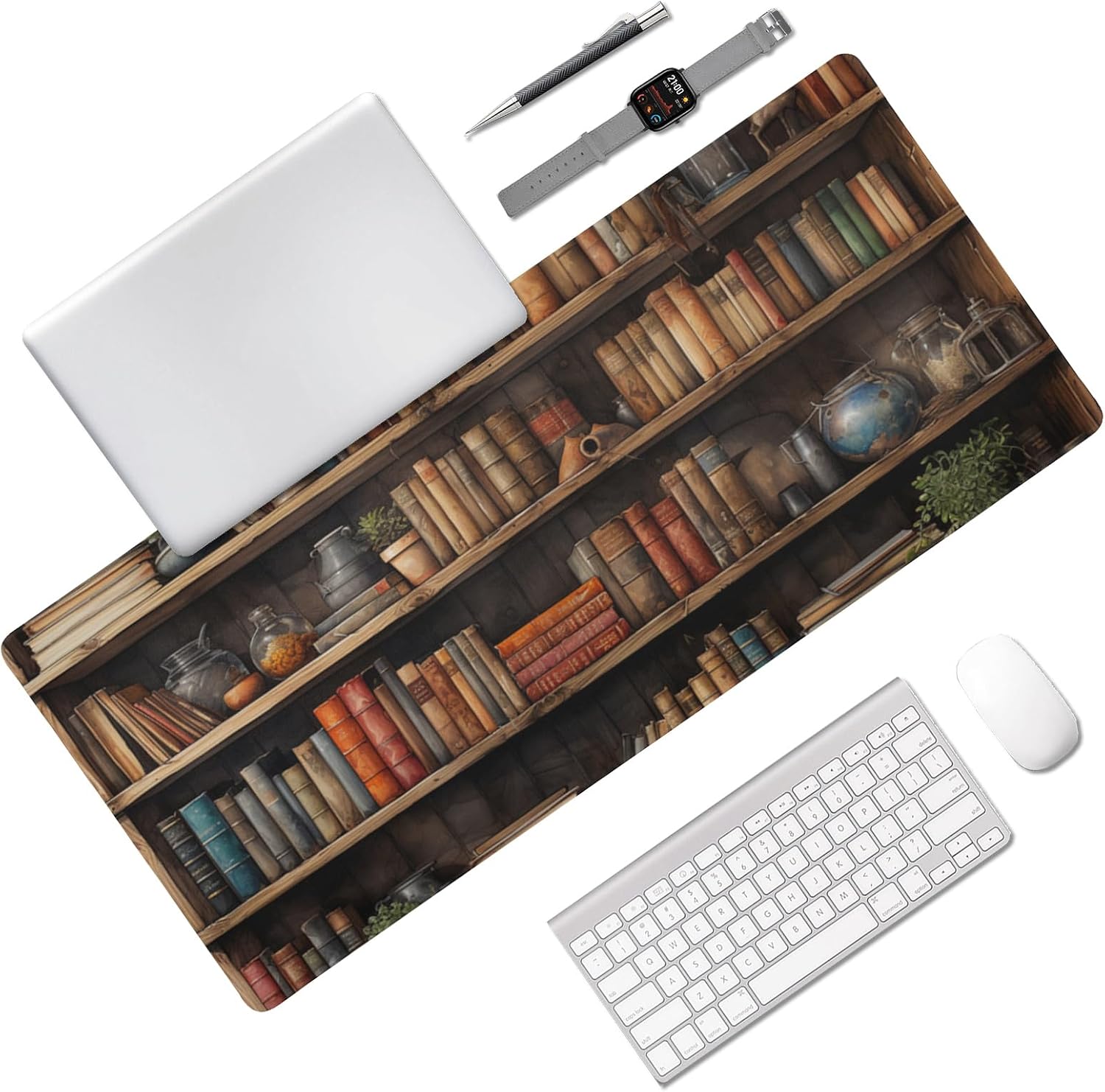 Bookshelf Themed Large Gaming Mouse Pad 35.5 x 16 Inch, Waterproof, Stitched Edges, Perfect for Esports and Office