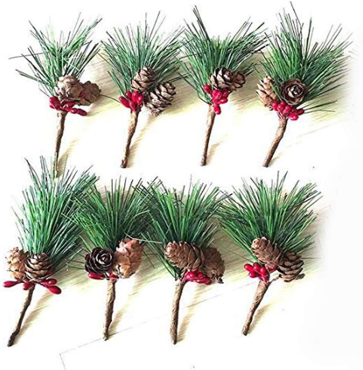 IDOXE Artificial Pine Picks Christmas Pine Needles Red Berries Shatterproof Ball Ornaments Jingle Bells Pine Cones for Christmas Flower Arrangements and Holiday Decorations 8Pack