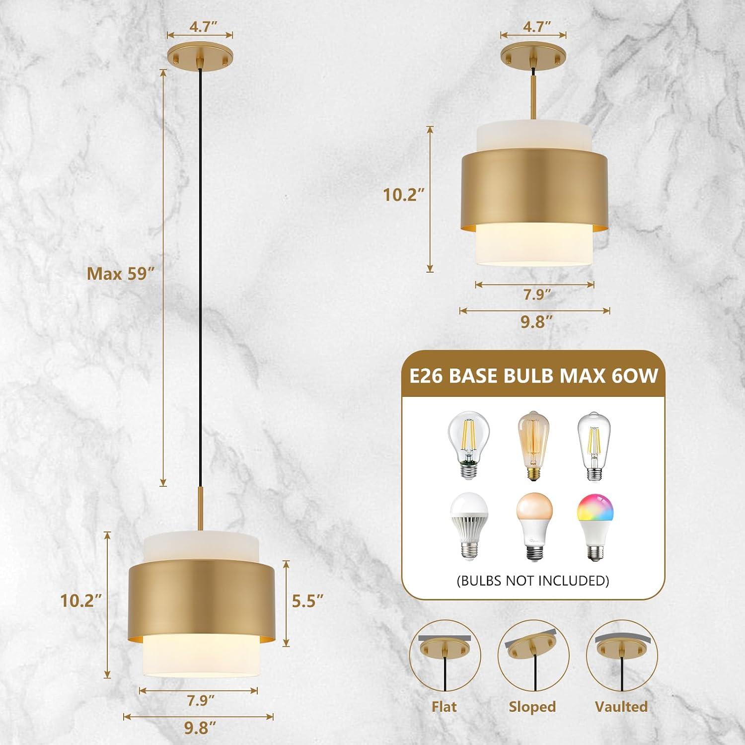 9.8" Modern Pendant Lights, Pendant Lights Kitchen Island with Milky White Glass Lampshade, Farmhouse Pendant Lighting for Dining Room Hallway Porch, 2 Pack