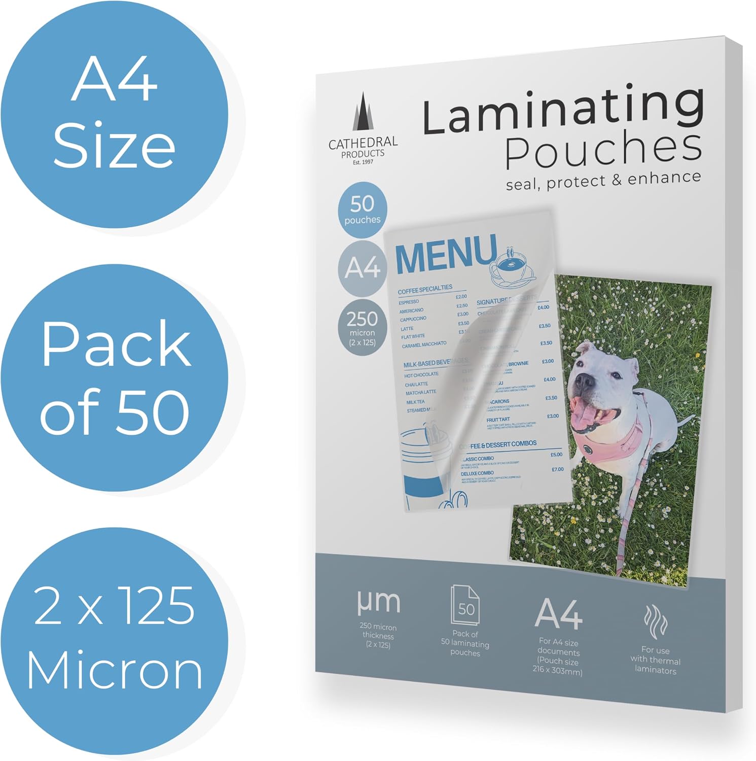 Cathedral Products Pack of 50 A4 Gloss Laminating Pouches 250 Micron