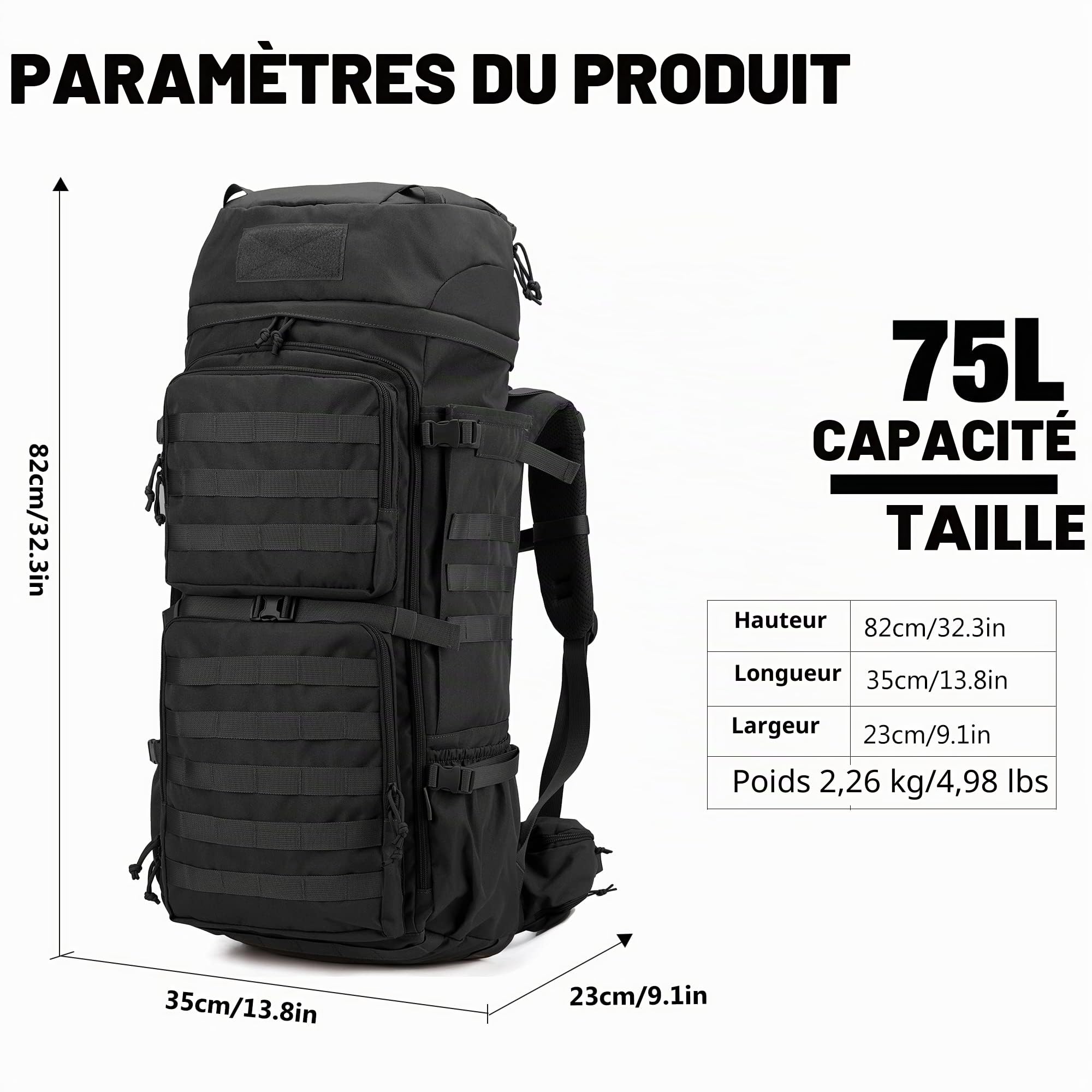 Mardingtop Sac à dos militaire 75L Sac à dos de randonnée avec housse de pluie，MOLLE-system Sac à dos de trekking Grande capacité Backpack pour le trekking,la randonnée et le camping
