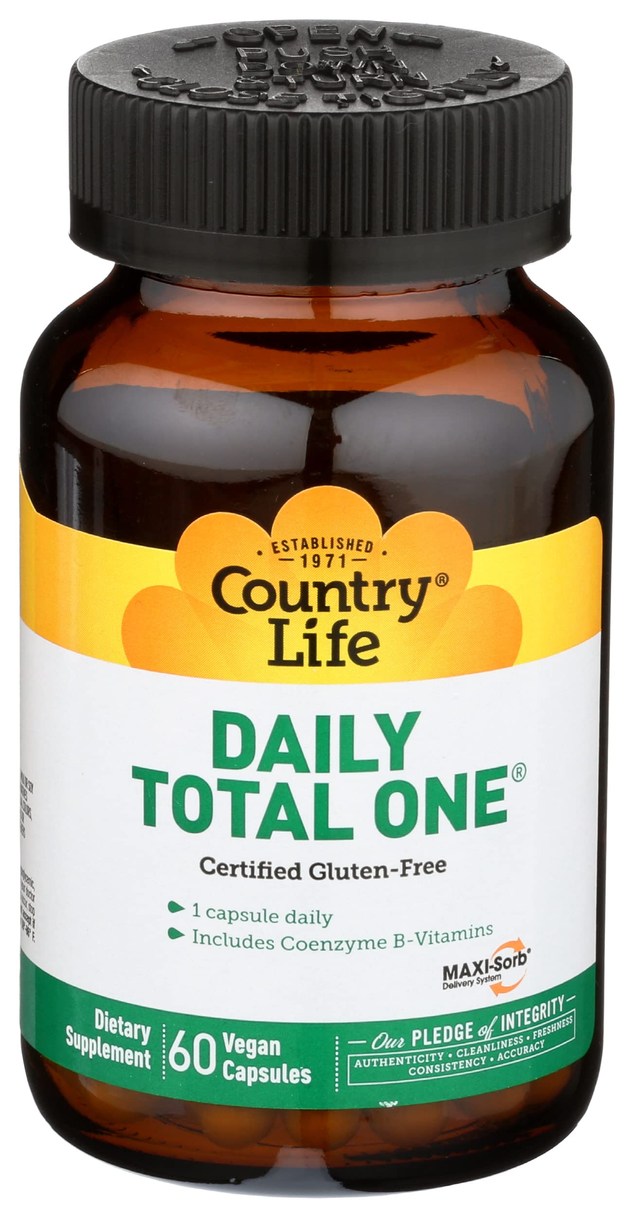 Country Life Daily Total One with Iron - Full Spectrum Digestive Enzyme Blend - 60 Vegetarian Capsules