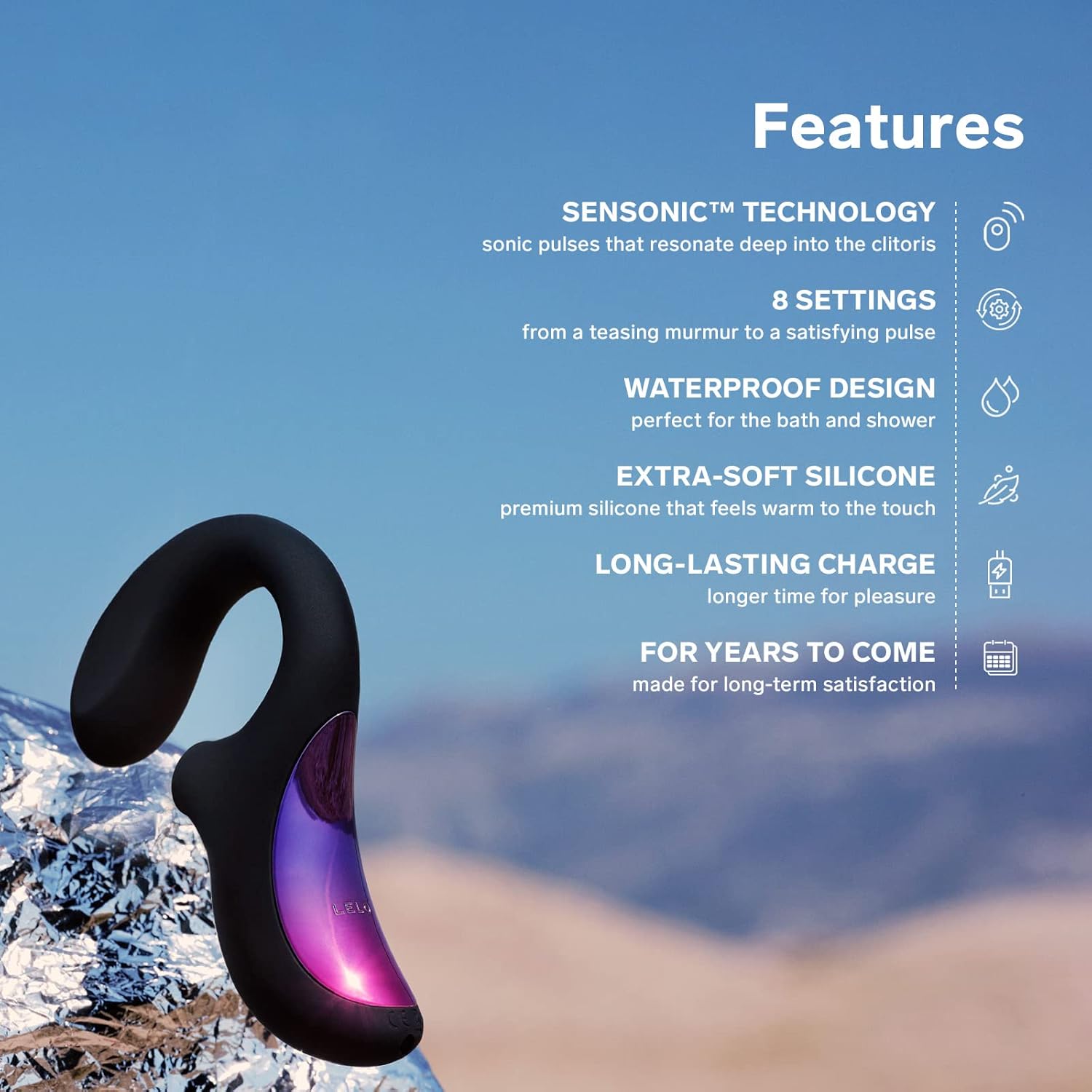 Graphic illustrating the key features of the LELO Enigma.