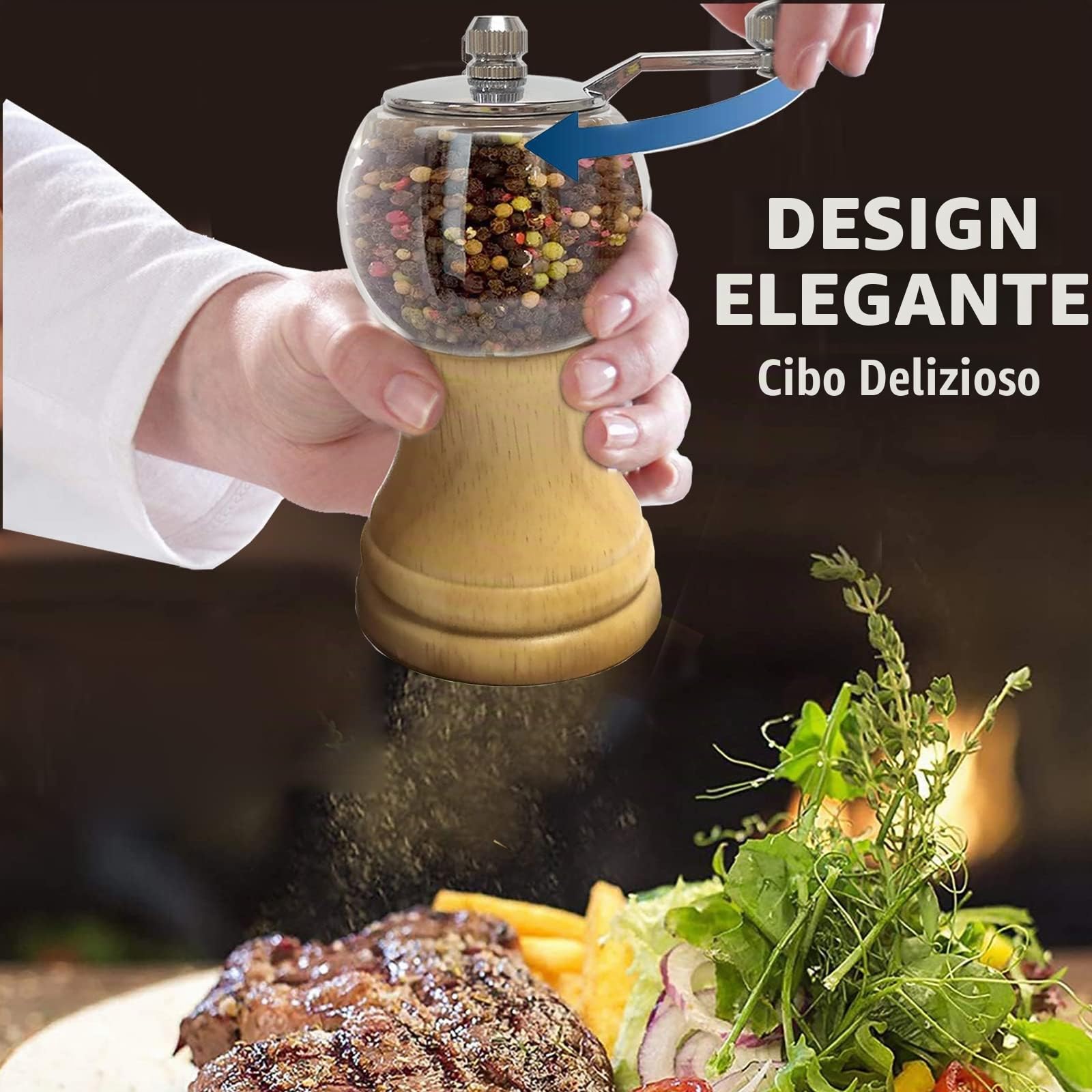 Macinapepe Manuale, Macina Pepe e Sale, Set da 1 Classico di macinapepe a mano e sale splendido, materiale EP acrilico, lame in ceramica con mulino regolabile grossolano sale & Pepper Grinder