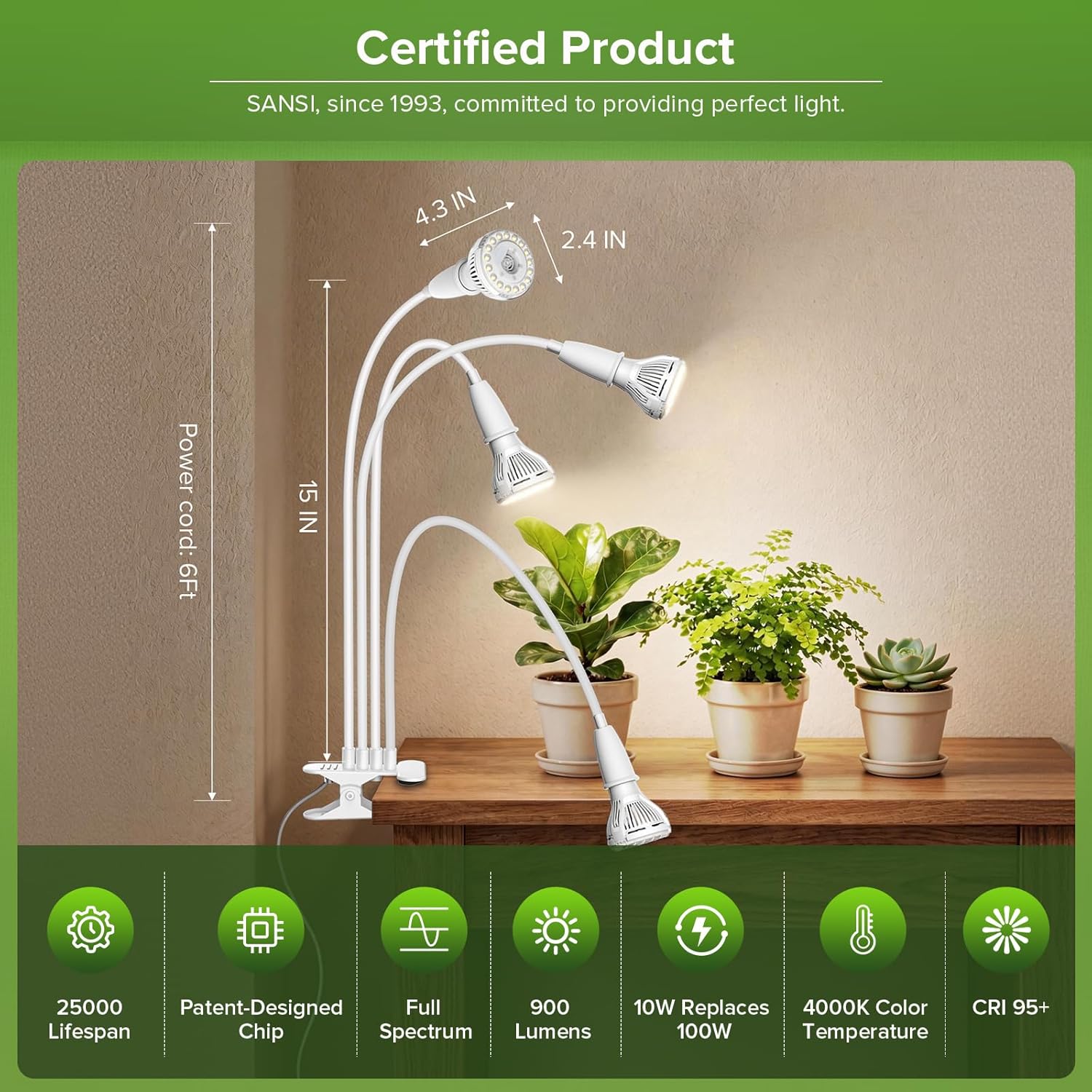 Grow Lights for Indoor Plants, LED 40 W Full Spectrum Bulb Replaceable Plant Light, 600 W Equivalent Clip on Grow Light with Optical Lens for Indoor Growing, Lifetime Free Bulb Replacement