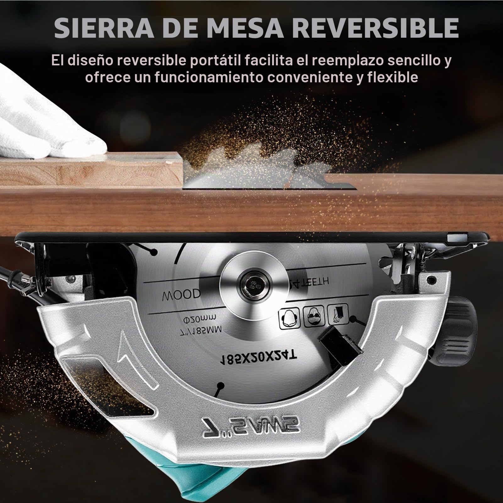 1200W Sierra Circular con Guia, Sierra Circular de Mano 5200RPM, profundidad de corte: 60 mm (90°) - 45 mm (45°) con hoja de sierra circular de metal duro incluida para madera, metal