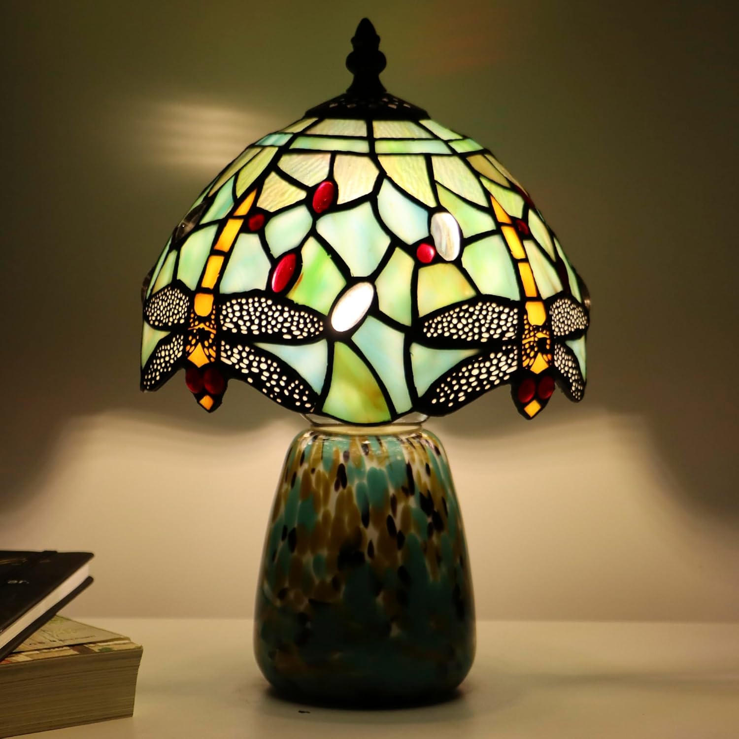Tiffany Mushroom Table Lamp Dragonfly Style Blue Stained Glass Accent Lamp Brown Blue Glass Base 8X8X12 Inch
