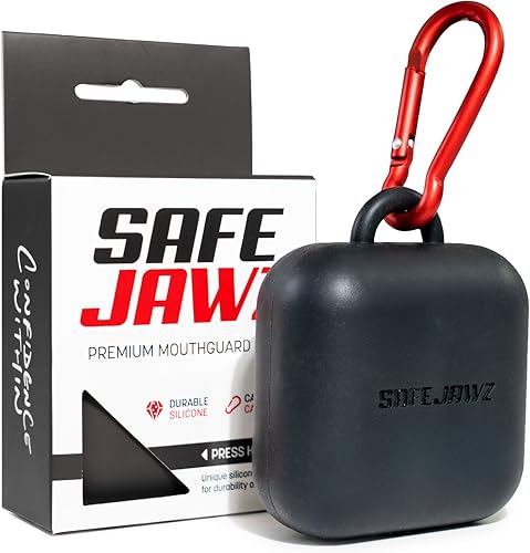 SAFEJAWZ Funda de protección bucal prémium con clip de mosquetón, diseño de silicona duradera y flexible para mantener el protector bucal