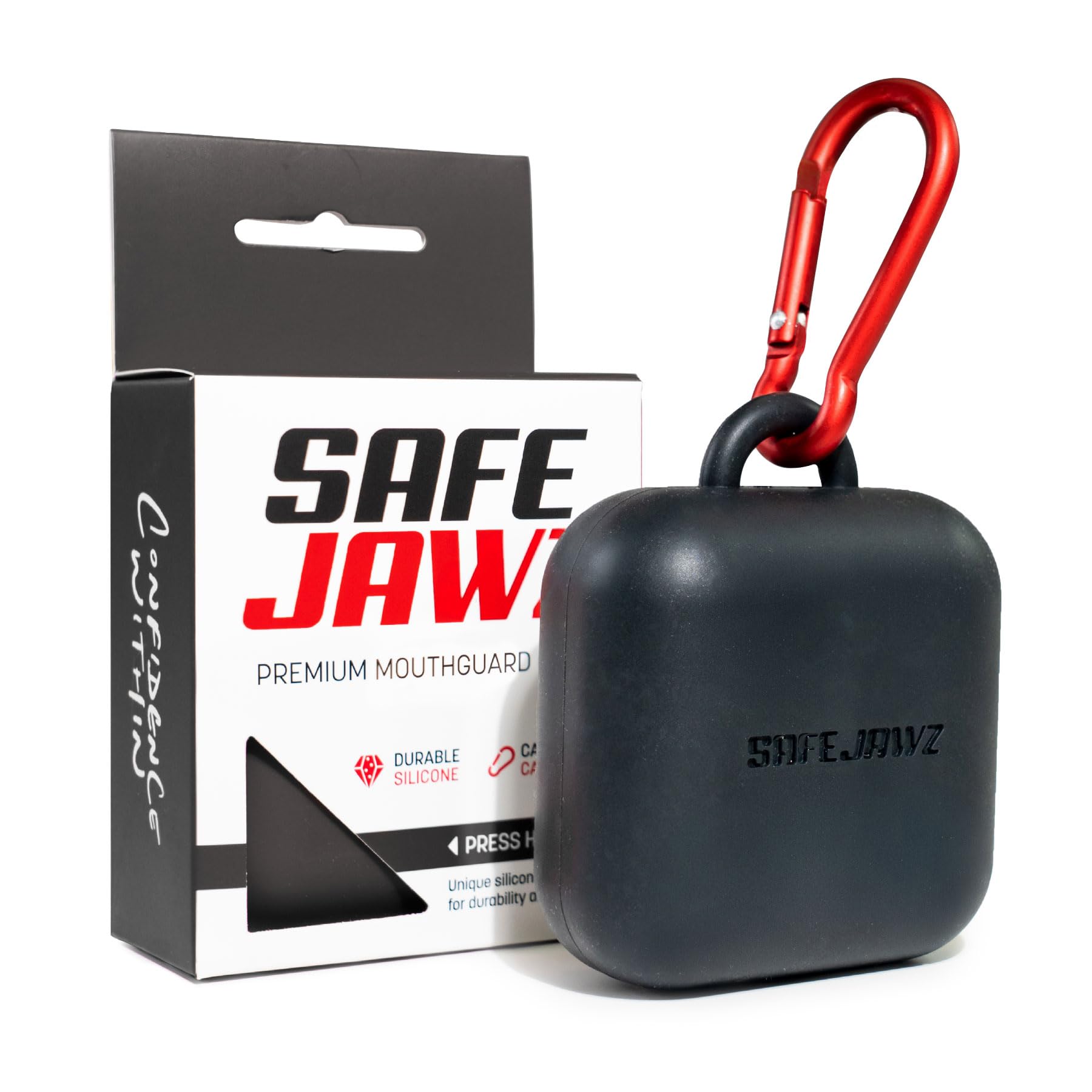 Étui pour protège-dents SAFEJAWZ Premium avec mousqueton. Conception en silicone unique durable et flexible pour garder les boucliers de gomme protégés, sûrs/propres. taille unique. (Noir)