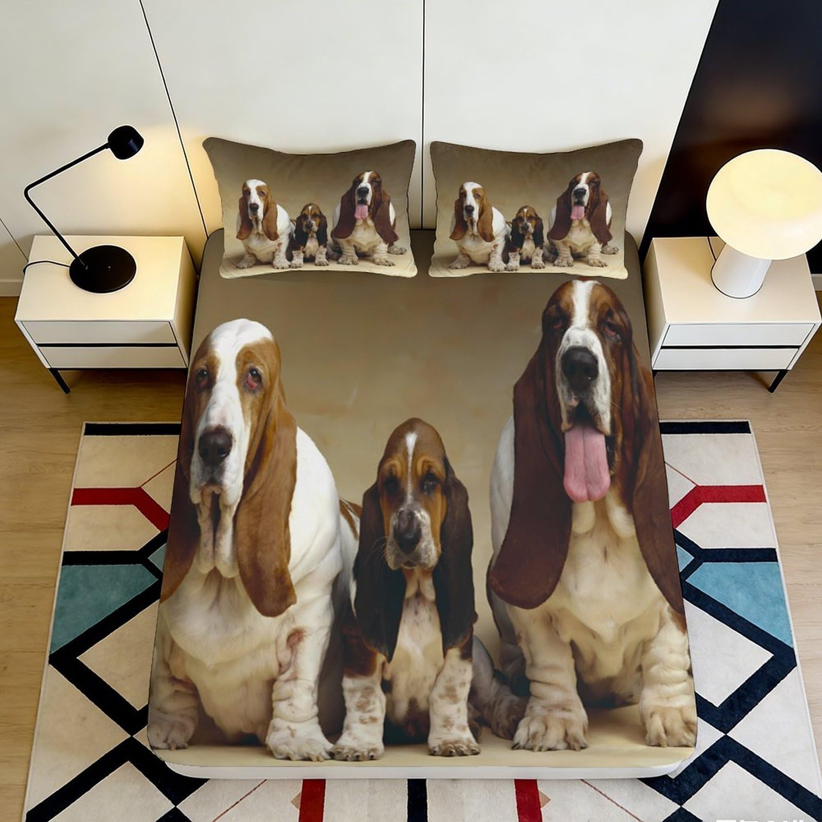 3D Printed Basset Hound Pattern Fitted Sheet Microfiber Soft Durable Dog Design Bed Cover Mattress Protector for Bedroom Dormitory Home Use 180x200x25cm