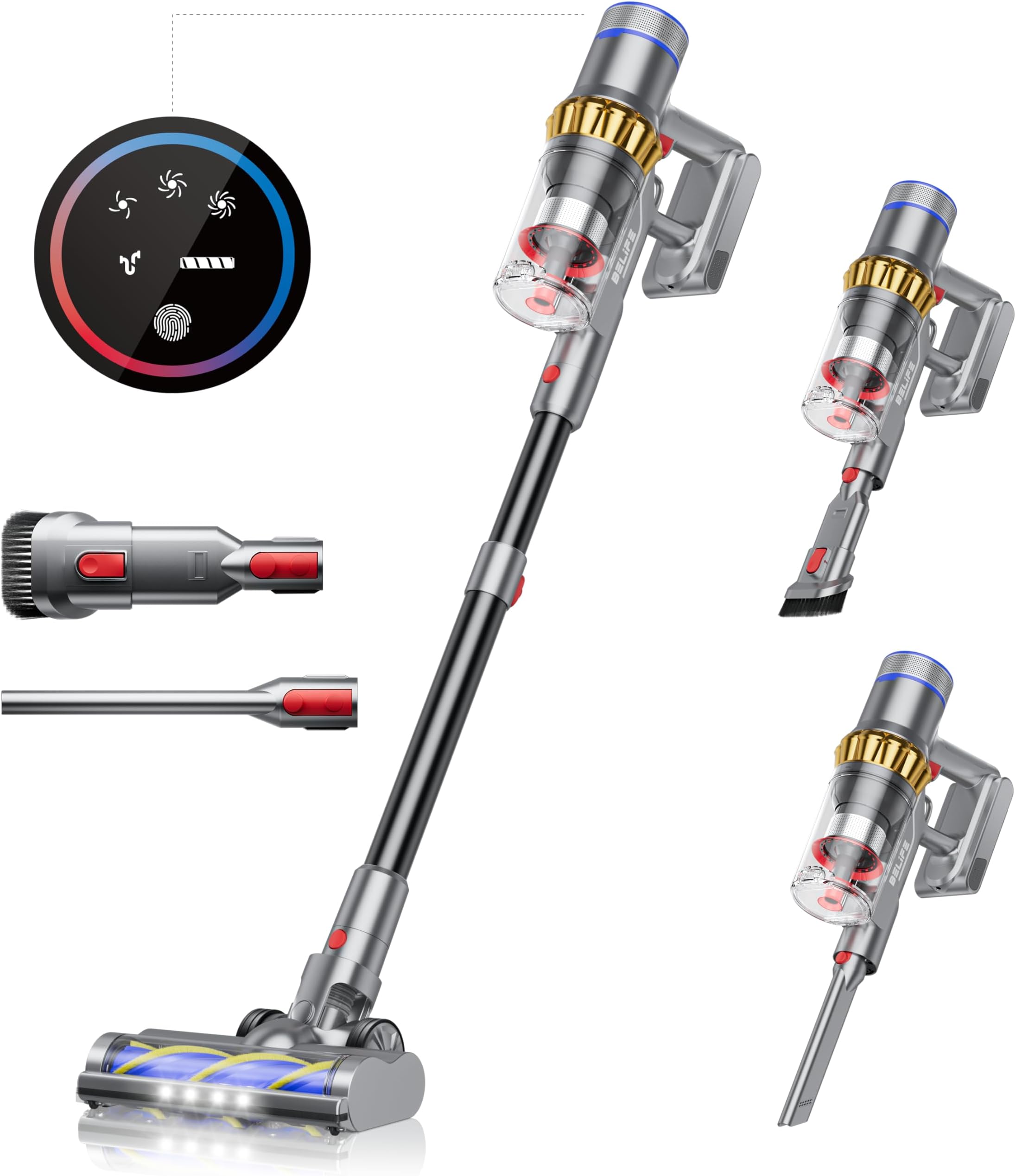 Belife Cordless Vacuum Cleaner, 38Kpa 450W Stick Vacuum Cleaners for Home Carpet Hardwood Floor, Wireless Household Vaccum for Pet Hair with Led Touch Display, Up to 45mins Runtime(Gold)