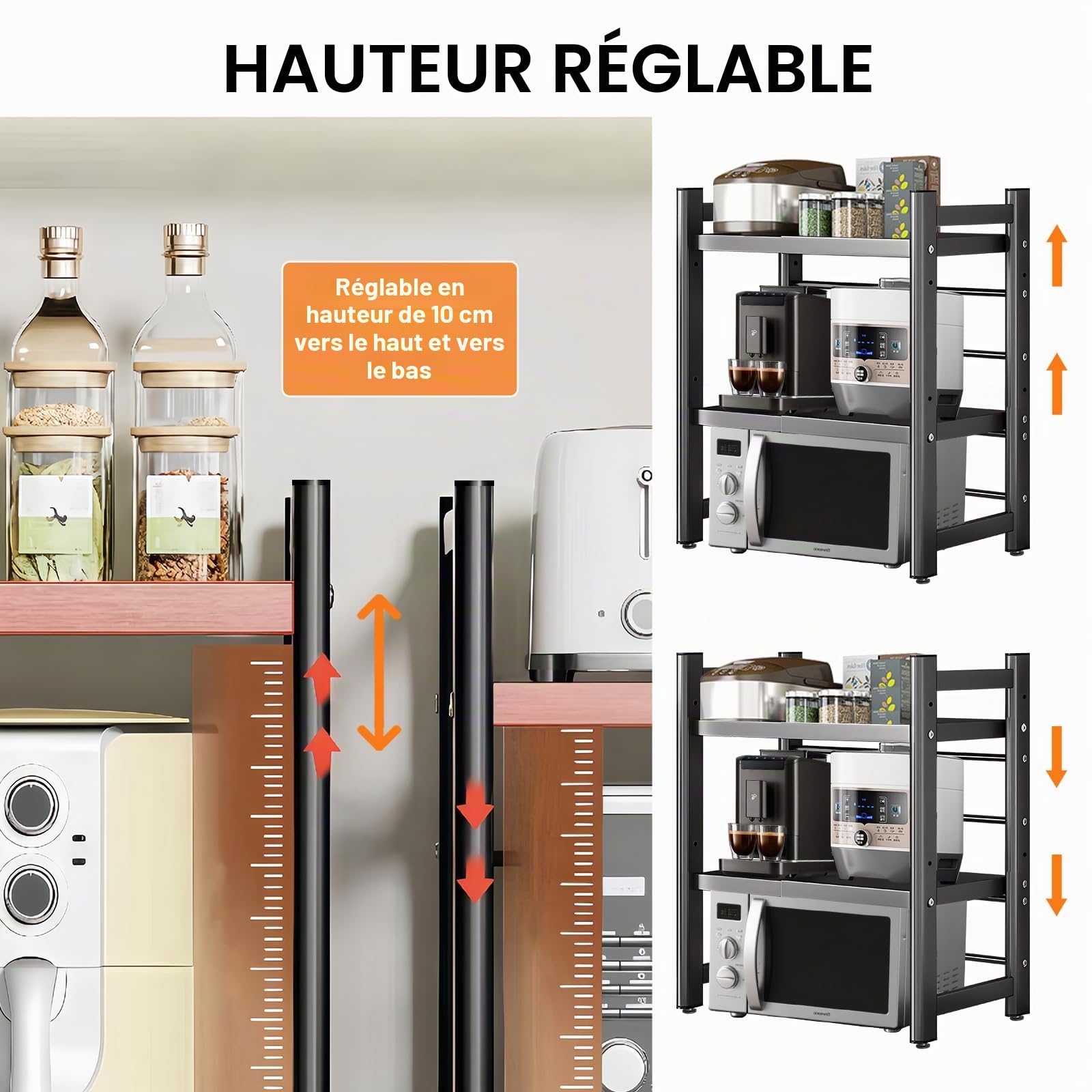 Étagère Extensible à 3 Niveaux pour Micro-Ondes, réglable pour comptoir de Cuisine et Rangement au-Dessus du Four à Micro-Ondes, Couleur Noire