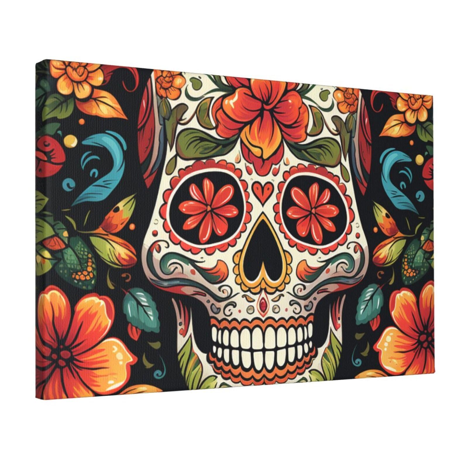 Fodpand Colorful Sugar Skull Unframed Canvas Wall Art,Modern Posters Print Wall Decor Canvas Oil Painting For Bedroom Living Room Bathroom Wall Hanging Artwork Ready To Hang 12"X18"
