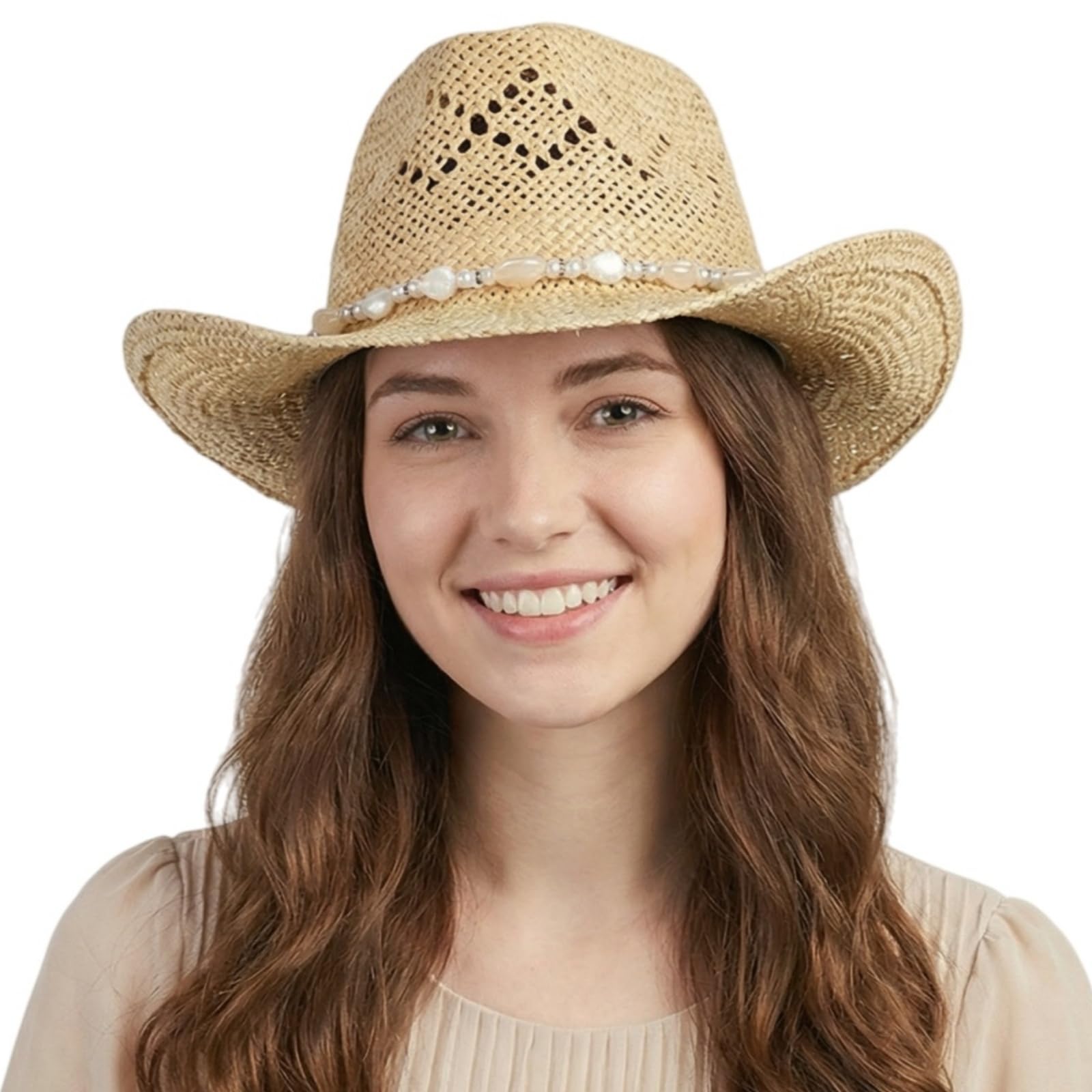 Chapeau de cowboy pour homme et femme - Chapeau de cowboy occidental en paille tissée avec bordure perlée et bord façonnable pour fête, plage