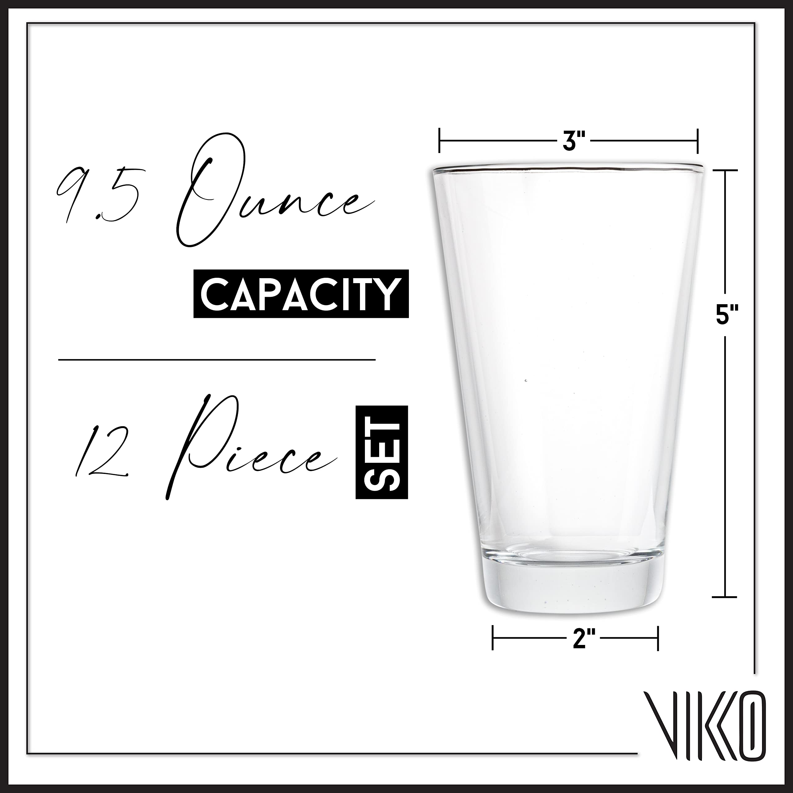 Vikko Vasos de agua de 9.5 oz | Vasos multiusos – Construcción gruesa y duradera – Diseño cónico – Apto para lavaplatos – Juego de doce vasos de cristal altos