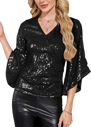 Womens Sequin Tops 3/4 Sleeve Glitter Sparkle V Neck Dressy Wrap Blouse Cocktail Evening Party Club Concert Shirt