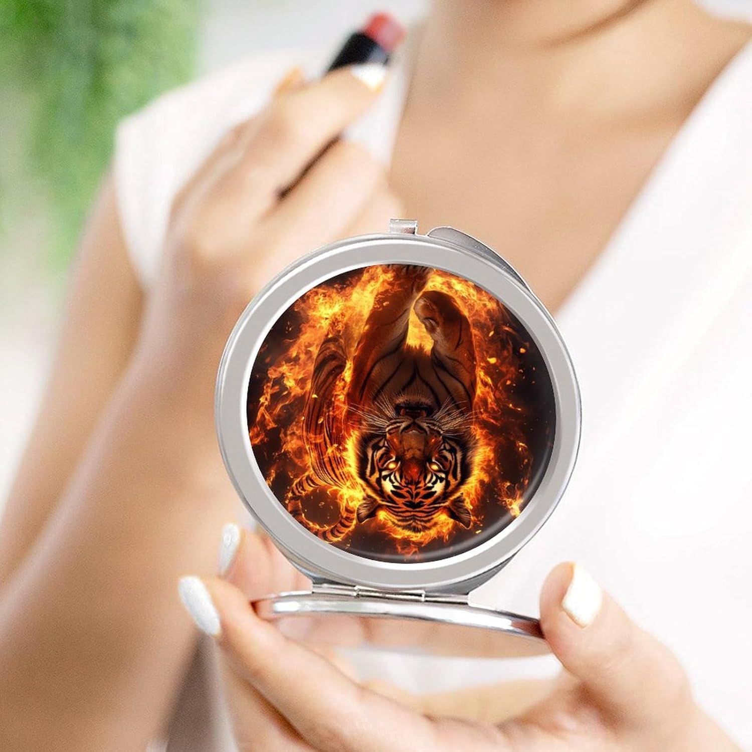Fire Tiger Animal Compact Makeup Mirror Mini Foldable Cosmetic Mirror Portable Travel Mirror for Purse Pocket