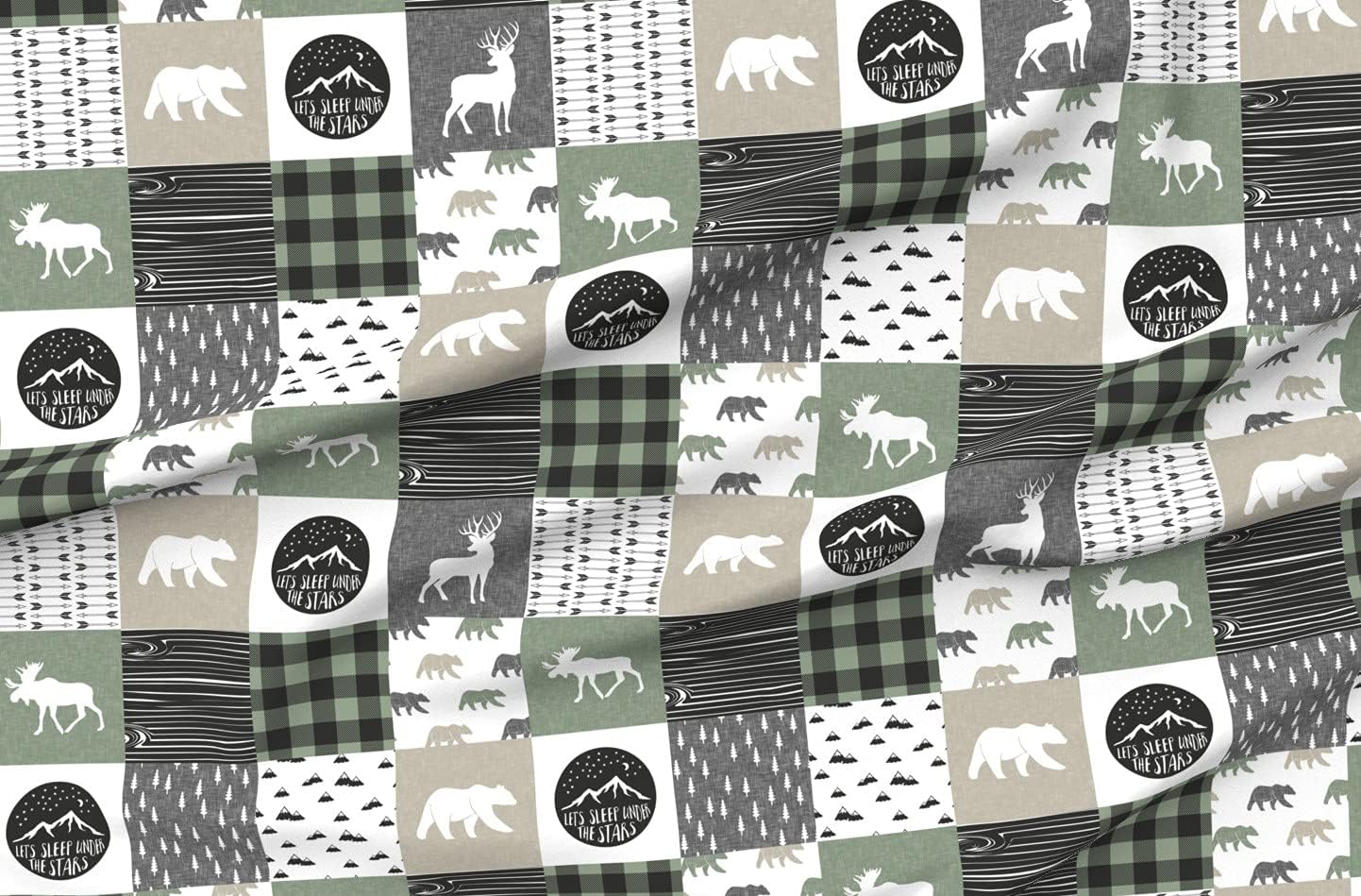 Spoonflower Fabric - Woodland Patchwork Bear Camping Quilt Top Sage Sfaut15 Printed on Petal Signature Cotton Fabric Fat Quarter - Sewing Quilting Apparel Crafts Decor