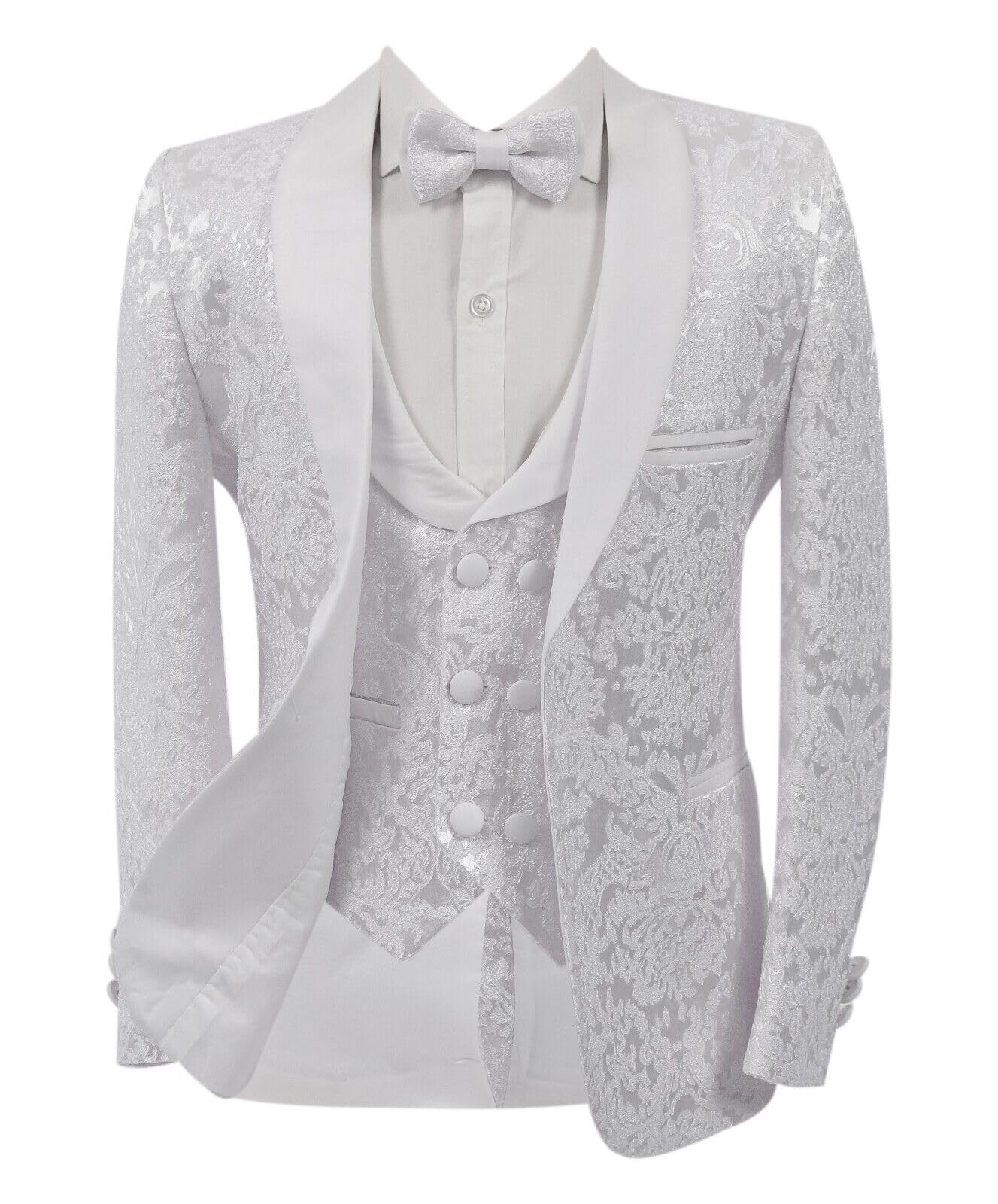 SIRRI Ragazzi Smoking Slim Fit Fantasia Abito Formale Comunione Ballo di fine Anno Matrimonio 5 Pezzi Set Completo in Bianco