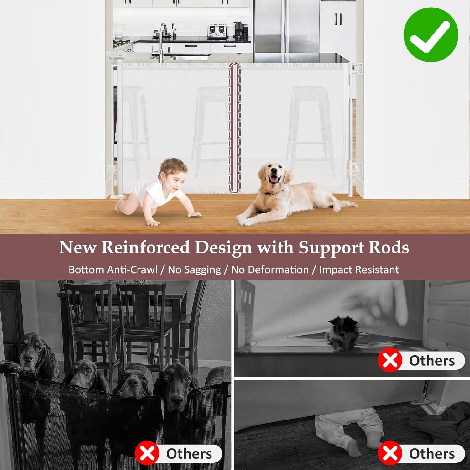 Reinforced 41 Inch Extra Tall Pet Gate 55 Inch Wide Retractable Baby Gates with Support Rods – Prevents Crawling Under, Outdoor Tall Baby Gates for Dogs Indoor Dog Gates for Doorways, White
