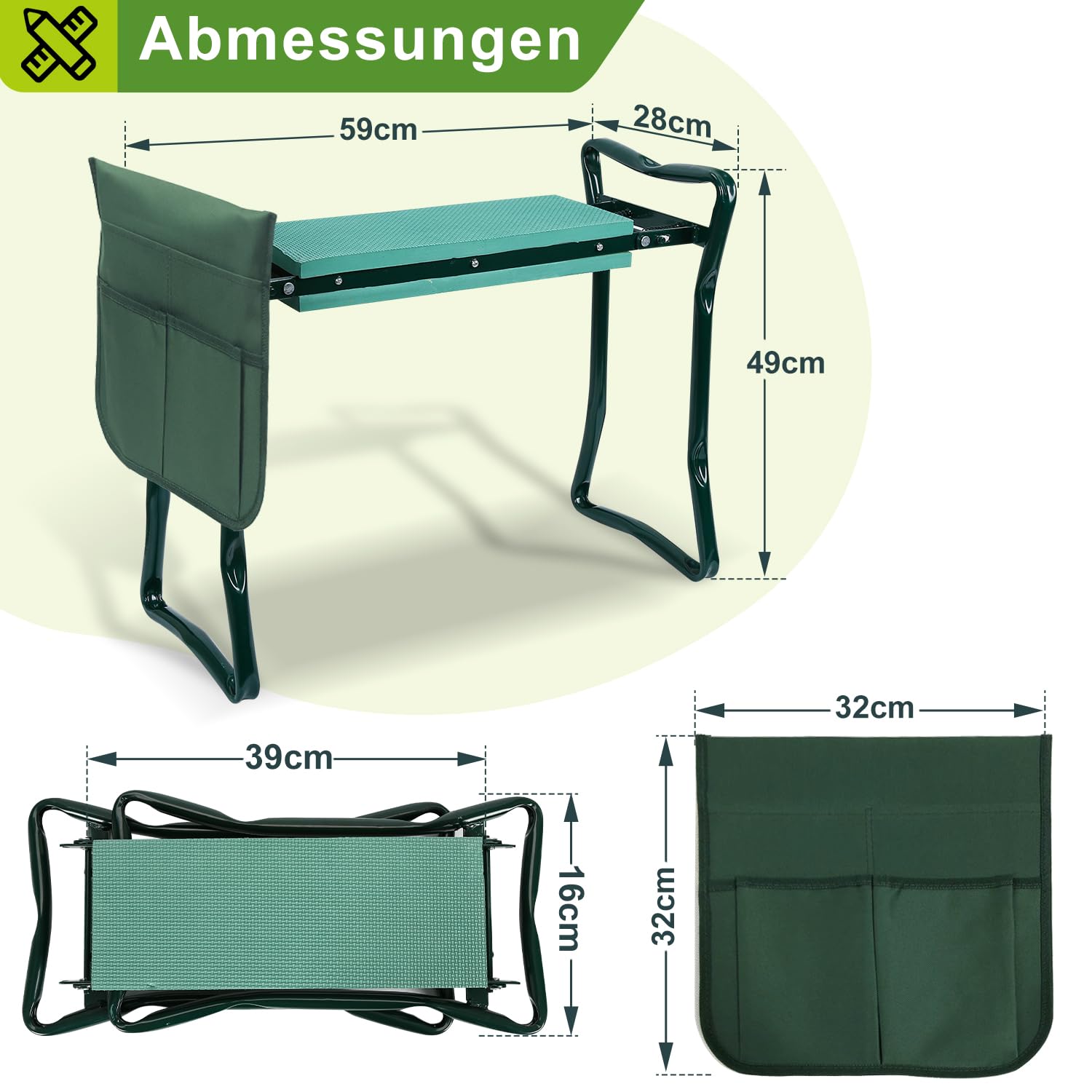 Sedile inginocchiatoio da giardino Panca da giardino 2 in 1, Sgabello per lavori di giardinaggio con cuscino in schiuma EVA, pieghevole, con borsa per attrezzi, sgabello da raccolto, verde