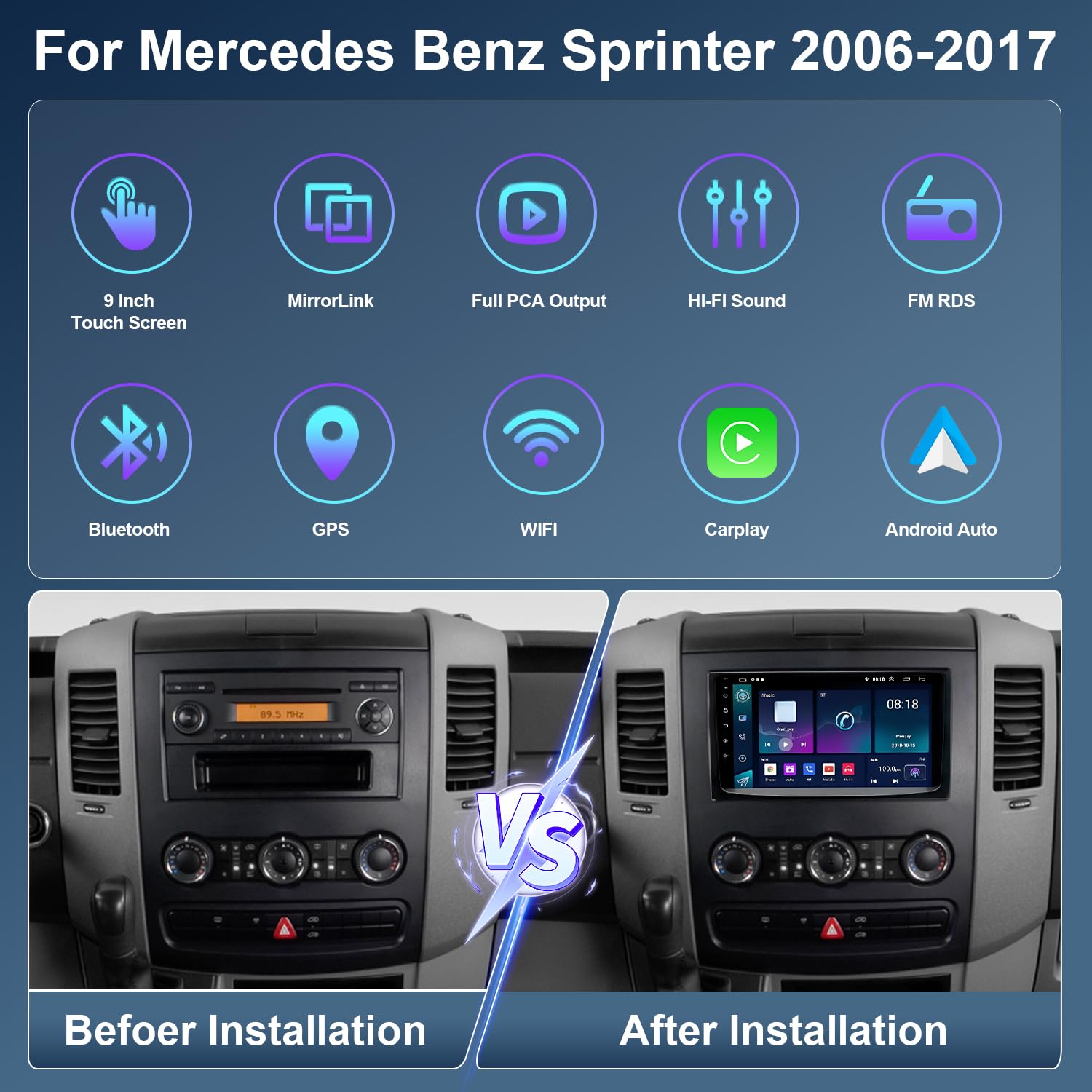 9Inch Car Radio Stereo GPS Navigation WiFi Frequency Modulation Compatible for Mercedes-Benz Sprinter 2006-2017 Touch Screen 4 + 64GB Wireless CarPlay Radio with Android Auto Support GPS Navigation