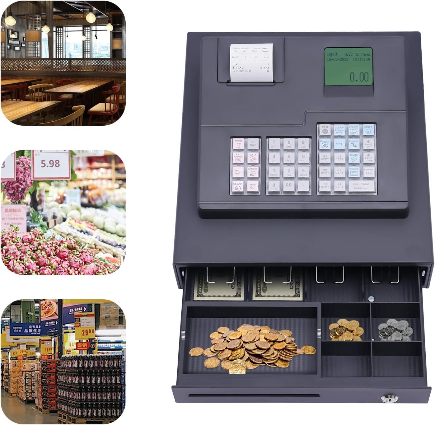 ECR600 Thermo-Registrierkasse, elektronische Registrierkasse, Kassensystem mit 38 Tasten, 8 Digitale LED-Registrierkassendrucker for Einzelhandelsrestaurants