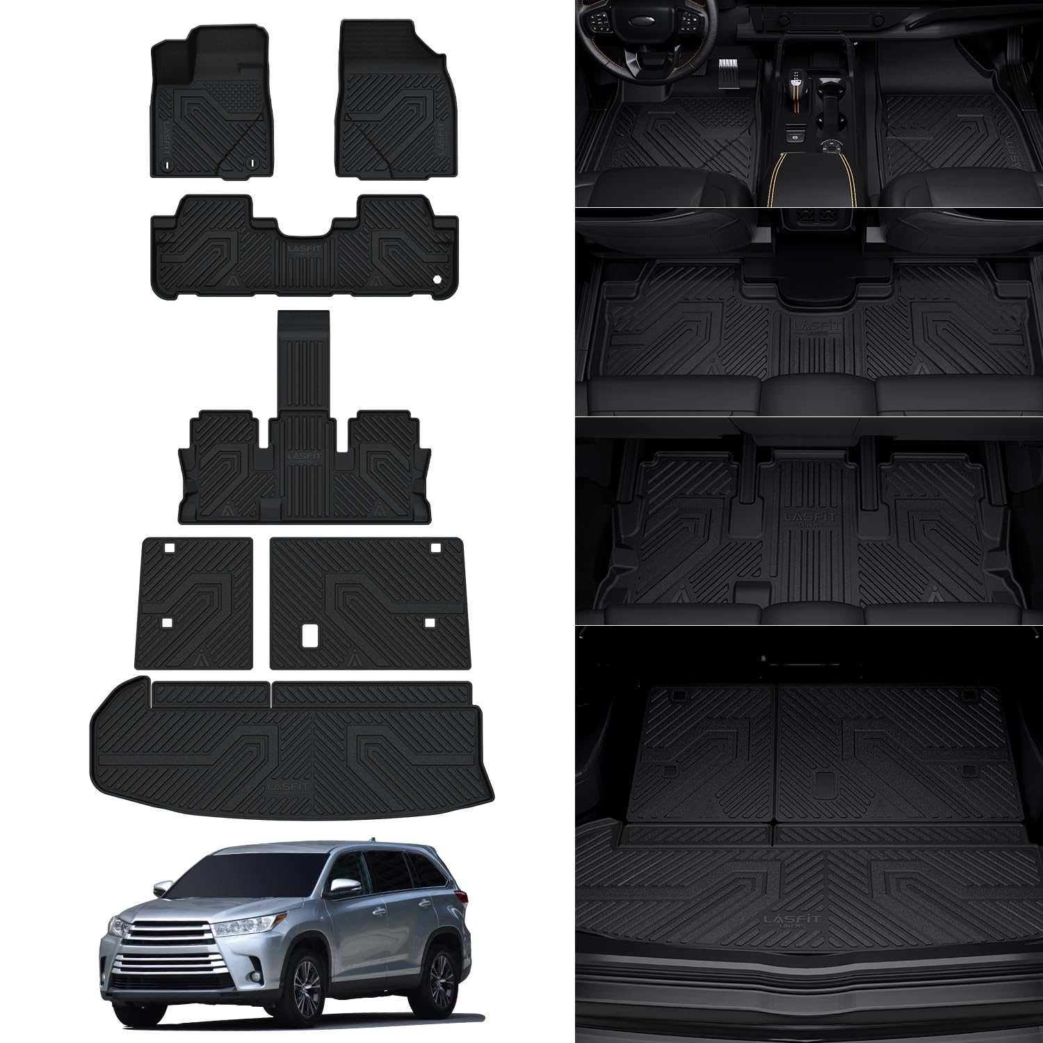 LASFIT Floor Mats&Trunk Mat for Toyota Highlander 2014-2019(Not for Hybrid), All Weather TPE Mats Floor Liner for Highlander LE/Limited/SE/XLE, Black(Not fit 2nd Row Bench Seating).